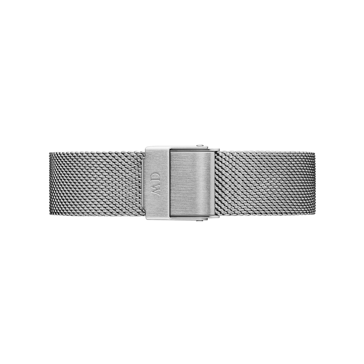 Petite Sterling Black Silverのシルバーメッシュストラップ裏面にあるクラスプ部分です。ブランドロゴが刻印されたステンレススチール製のクラスプと、細やかなメッシュ編みの質感がご覧いただけます。