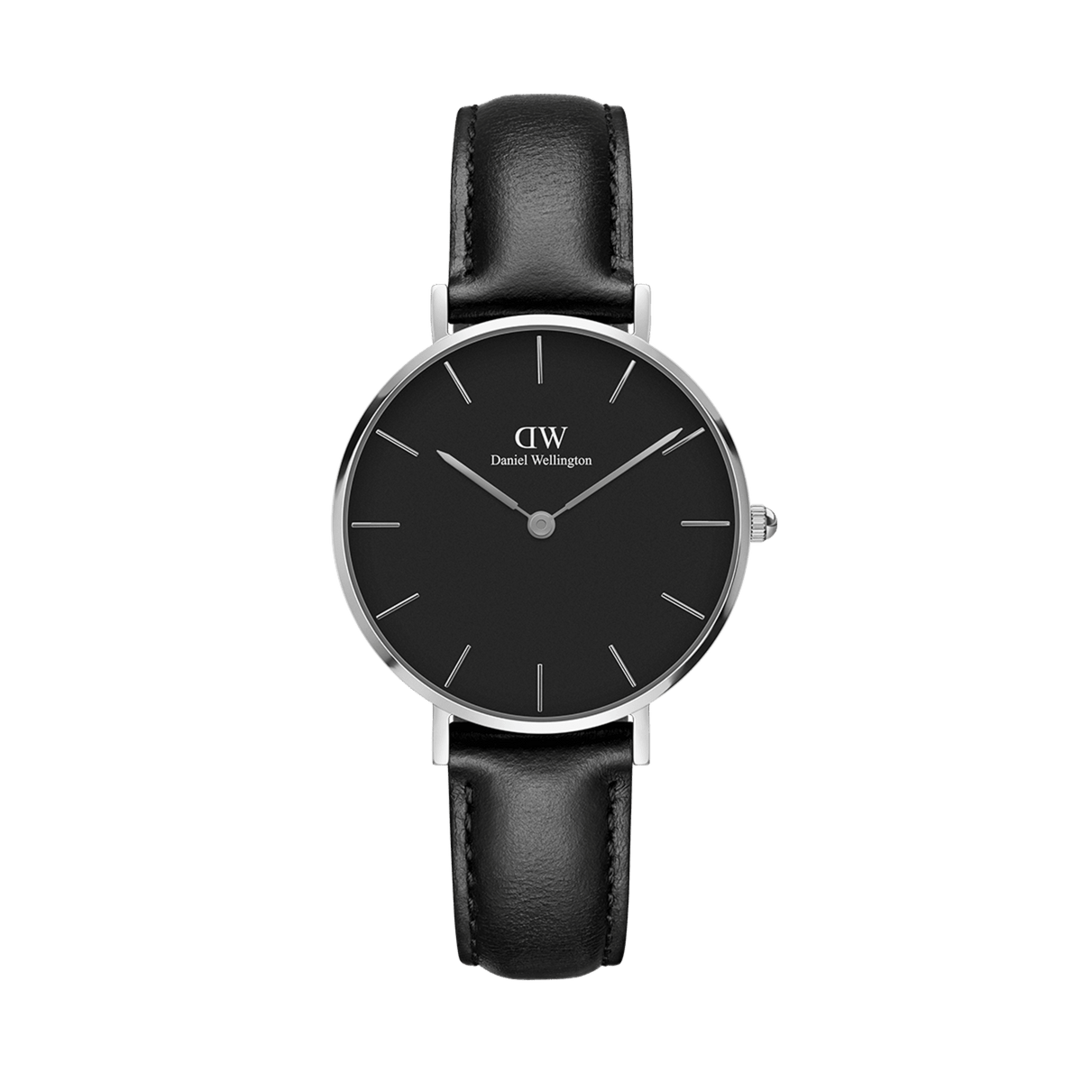 Daniel Wellington Petite Sheffieldの正面画像。シルバーケースにブラック文字盤、シルバーのバーインデックスと針が映えるミニマルデザインのレディース腕時計。ブラックレザーストラップを合わせています。
