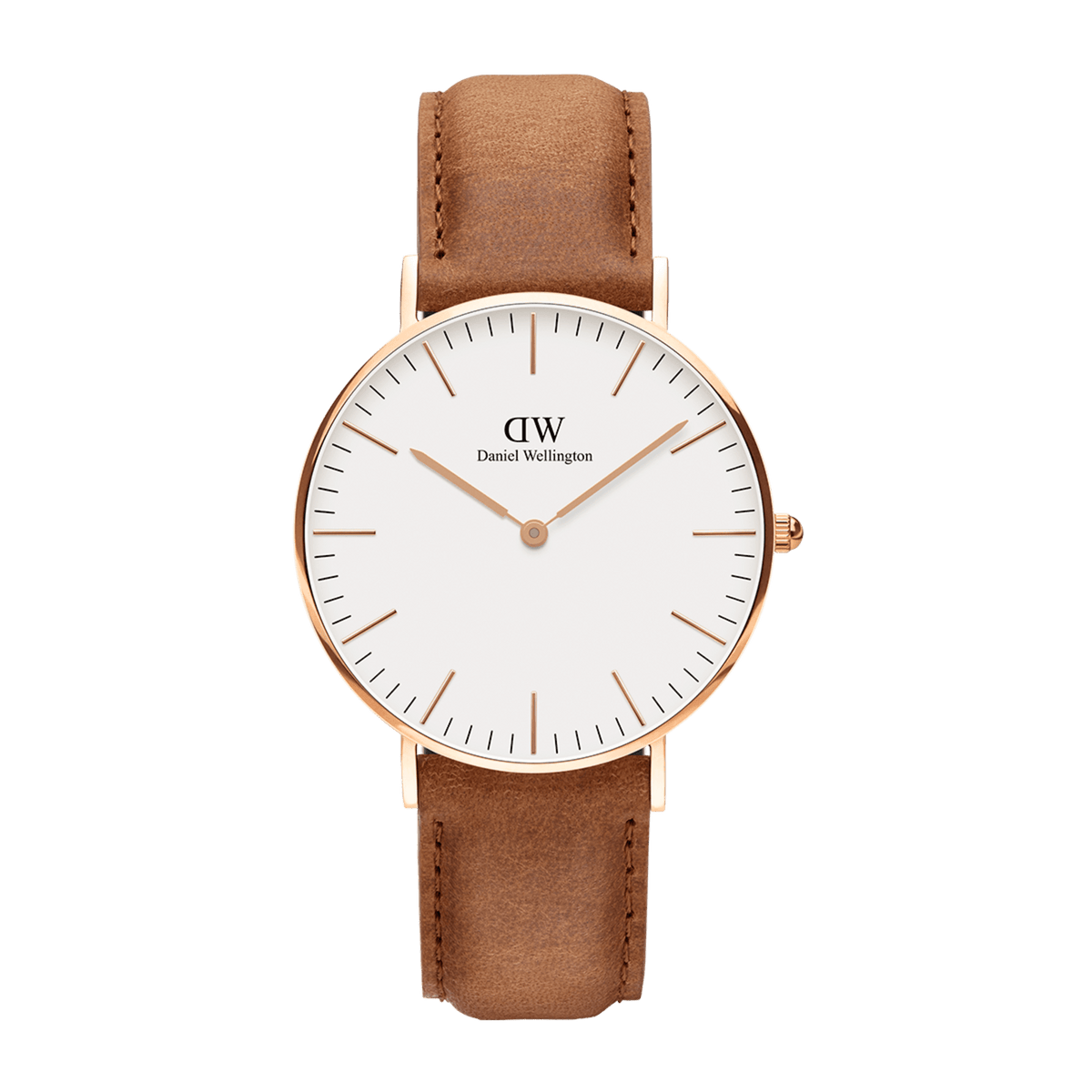 Classic Durham Rose Goldを正面から撮影した商品画像です。余白の広いオフホワイトの文字盤をローズゴールドケースが包み込み、ライトブラウンのレザーストラップが柔らかな質感で自然に調和しています。