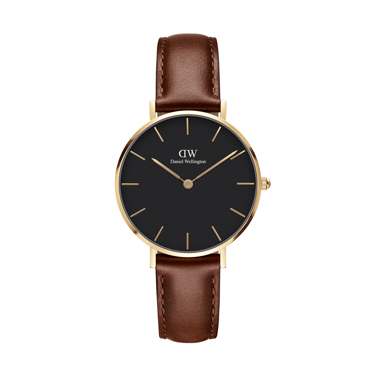 Daniel Wellington Petite St Mawesの正面画像です。ブラックの文字盤にゴールドのバーインデックスと針が映え、ゴールドケースにブラウンの本革ストラップを合わせた32mmの女性向け腕時計です。