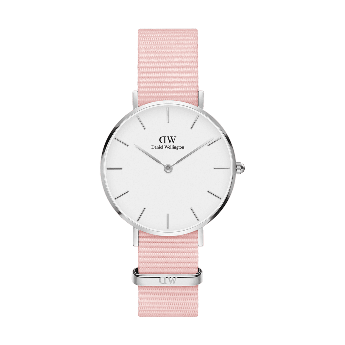 Daniel Wellington Petite Rosewaterの正面画像。淡いピンクのNATOストラップとシルバーケース、ホワイト文字盤を組み合わせた女性向け腕時計です。