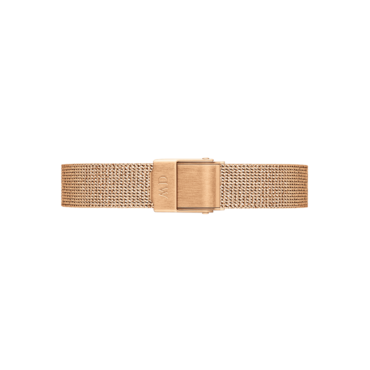 Quadro Pressed Melrose Green Rose Goldのローズゴールドメッシュストラップを裏側から撮影したクローズアップ画像です。ブランドロゴが刻印されたクラスプ部分と、細やかに編み込まれたステンレススチール製のメッシュ模様がご覧いただけます。