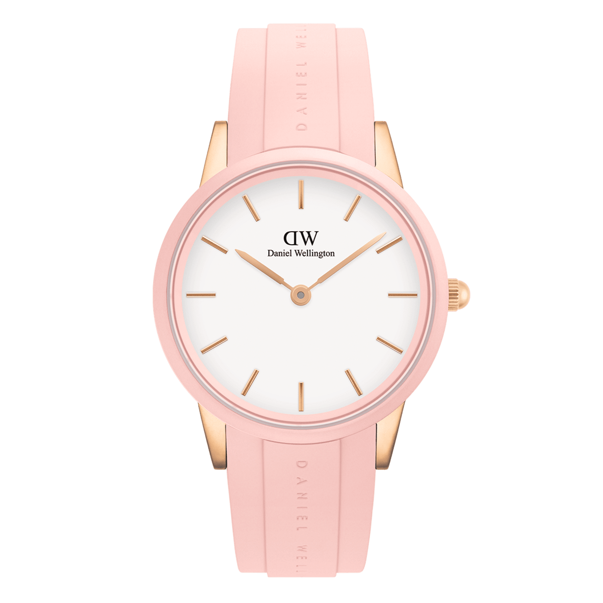 Daniel Wellington Iconic Motionの正面画像。ピンクベゼルとローズゴールドケースにオフホワイトの文字盤を合わせ、ローズゴールドのバーインデックスと針が上品に映えます。ピンクのラバーストラップがスポーティでありながらエレガントな印象を演出しています。