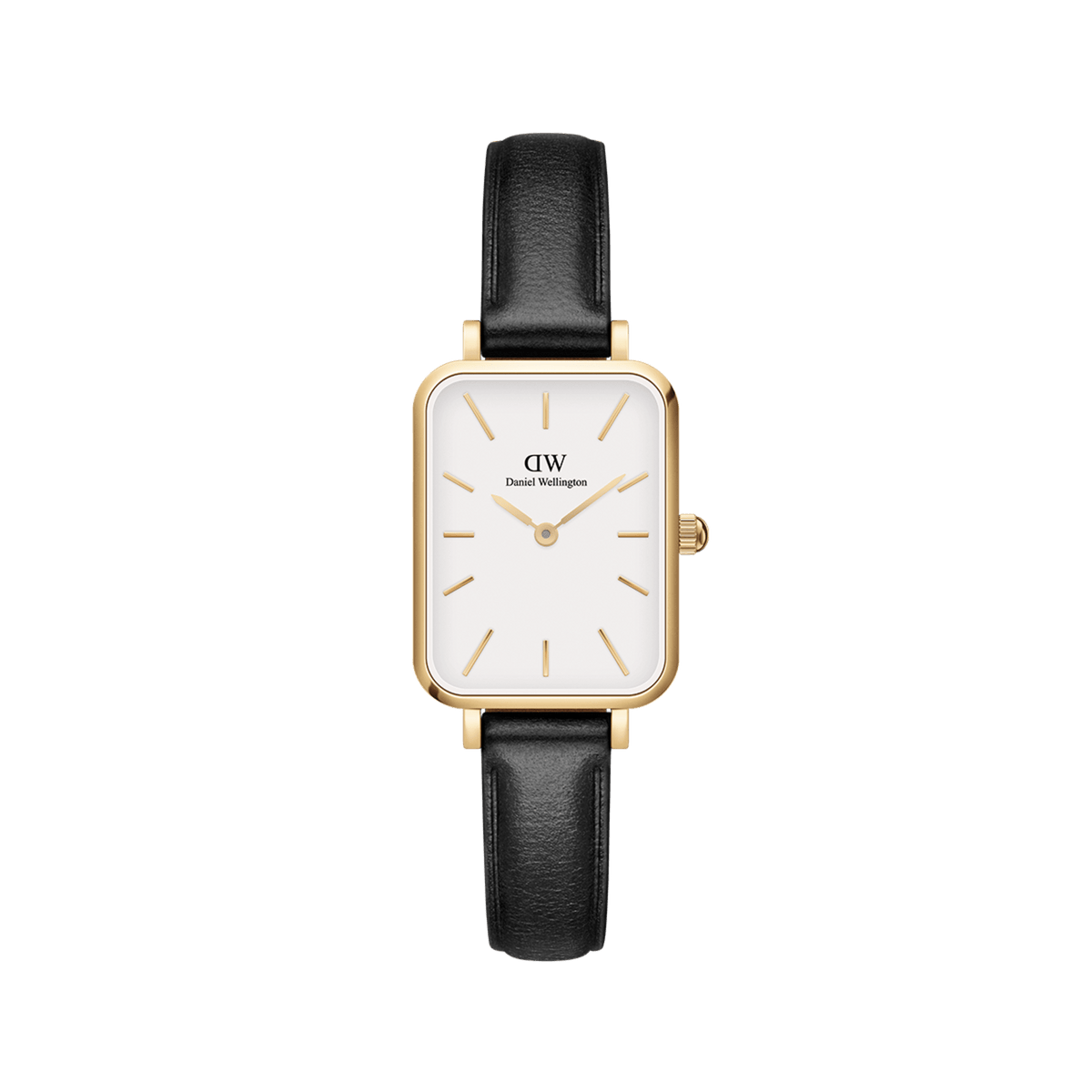Daniel Wellington Quadro Pressed Sheffield Goldの正面画像。ゴールドのスクエアケースにオフホワイトの文字盤、ゴールドのバーインデックスをあしらい、ブラックレザーストラップを組み合わせた女性向けのコンパクトな腕時計です。