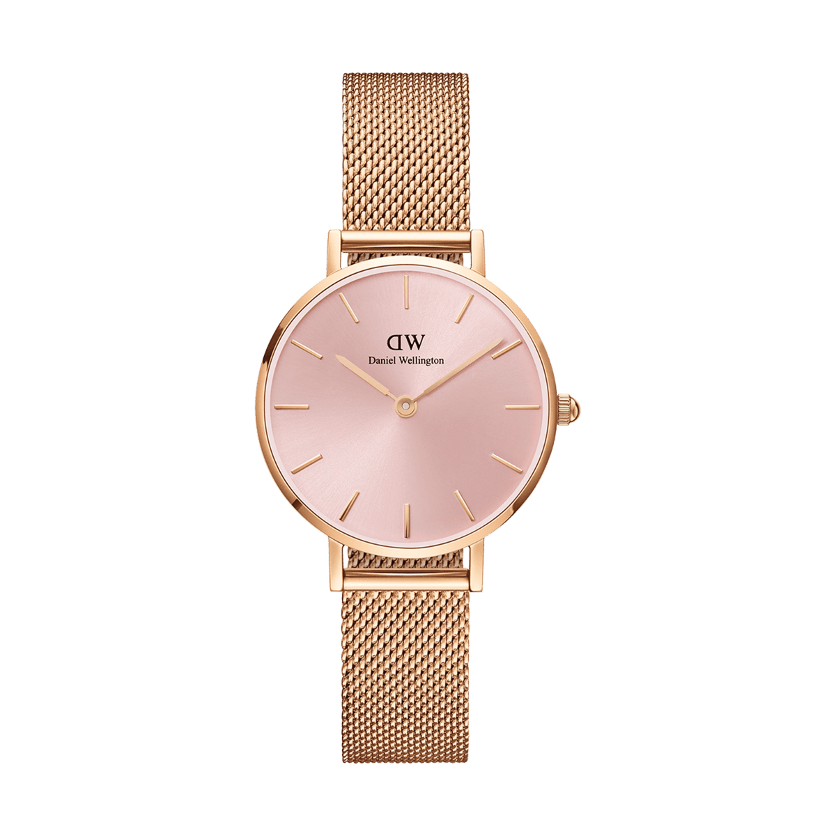Daniel Wellington Petite Melroseの正面画像です。ライトピンクのサンレイダイヤルにローズゴールドのバーインデックスと針を配し、ローズゴールドのメッシュストラップを組み合わせた女性向け腕時計です。