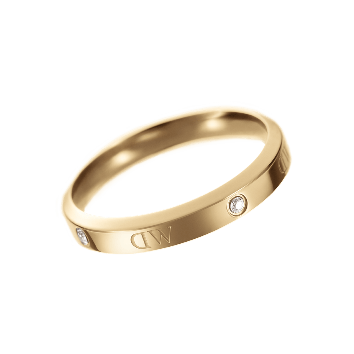 ダニエルウェリントン Classic Lumine Ring Goldを斜め上から撮影した画像です。ゴールドPVDメッキの滑らかな曲線と、バンドに埋め込まれたクリスタルの輝きが白背景に映えています。