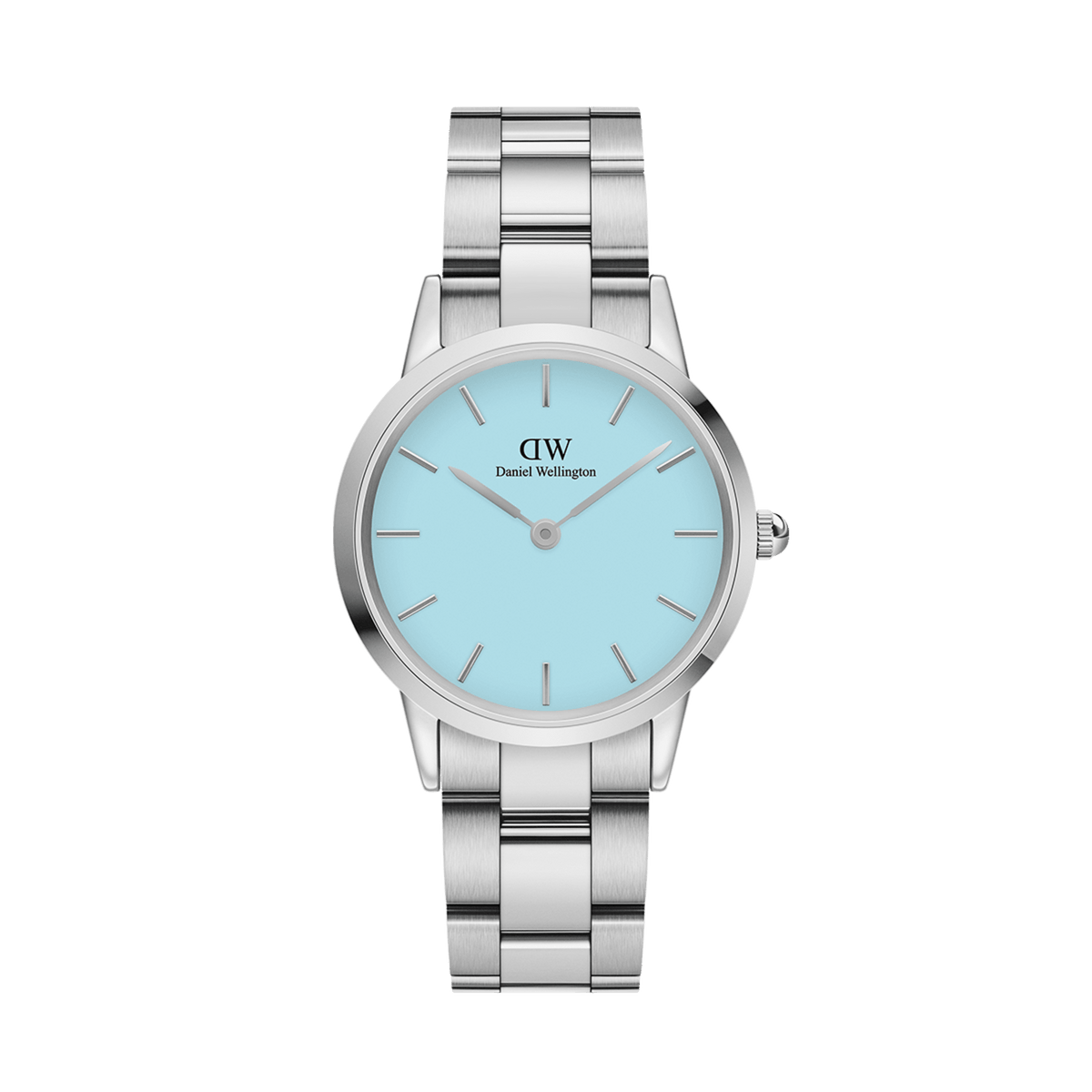 Daniel Wellington Iconic Link Capriの正面画像。パステルブルーの文字盤にシルバーのバーインデックスと針をあしらい、サテンとポリッシュ仕上げを組み合わせたステンレススチール製のリンクブレスレットが特徴的なデザインです。