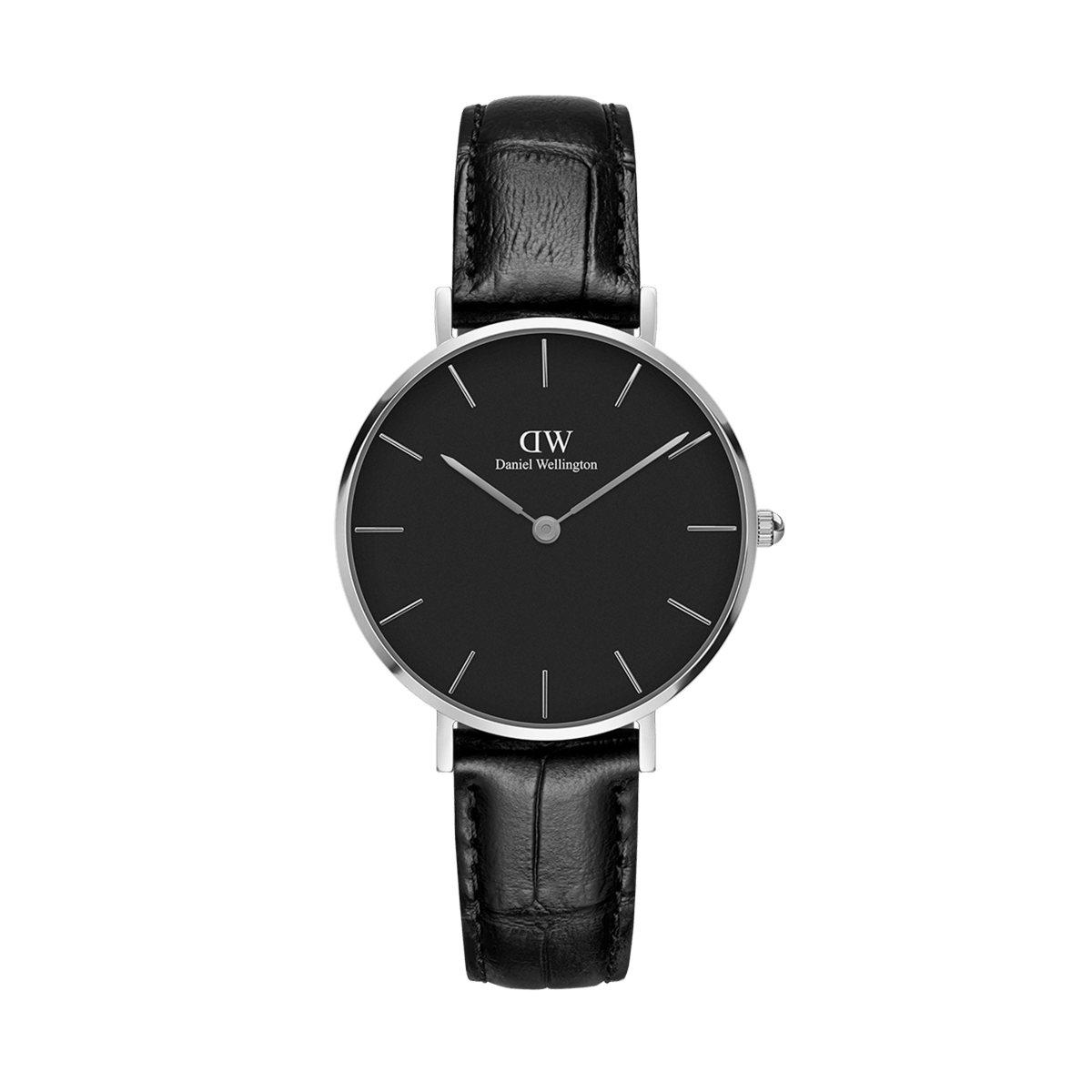 Daniel Wellington Petite Readingの正面画像です。ブラックの文字盤にシルバーのバーインデックスと針が映え、クロコダイル型押しのブラックレザーストラップを合わせた32mmサイズの女性向け腕時計です。