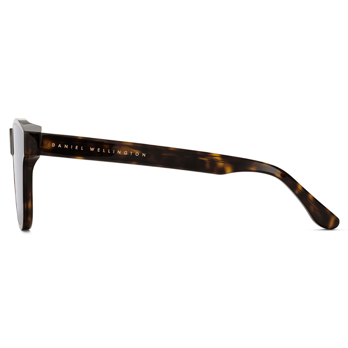 アンブラー Bio-Acetate Dark Havanaを真横から撮影した画像です。ダークハバナのべっ甲柄フレームが持つ奥行きのあるカラーパターンと、テンプル外側に配されたゴールドのDaniel Wellingtonロゴが際立っています。