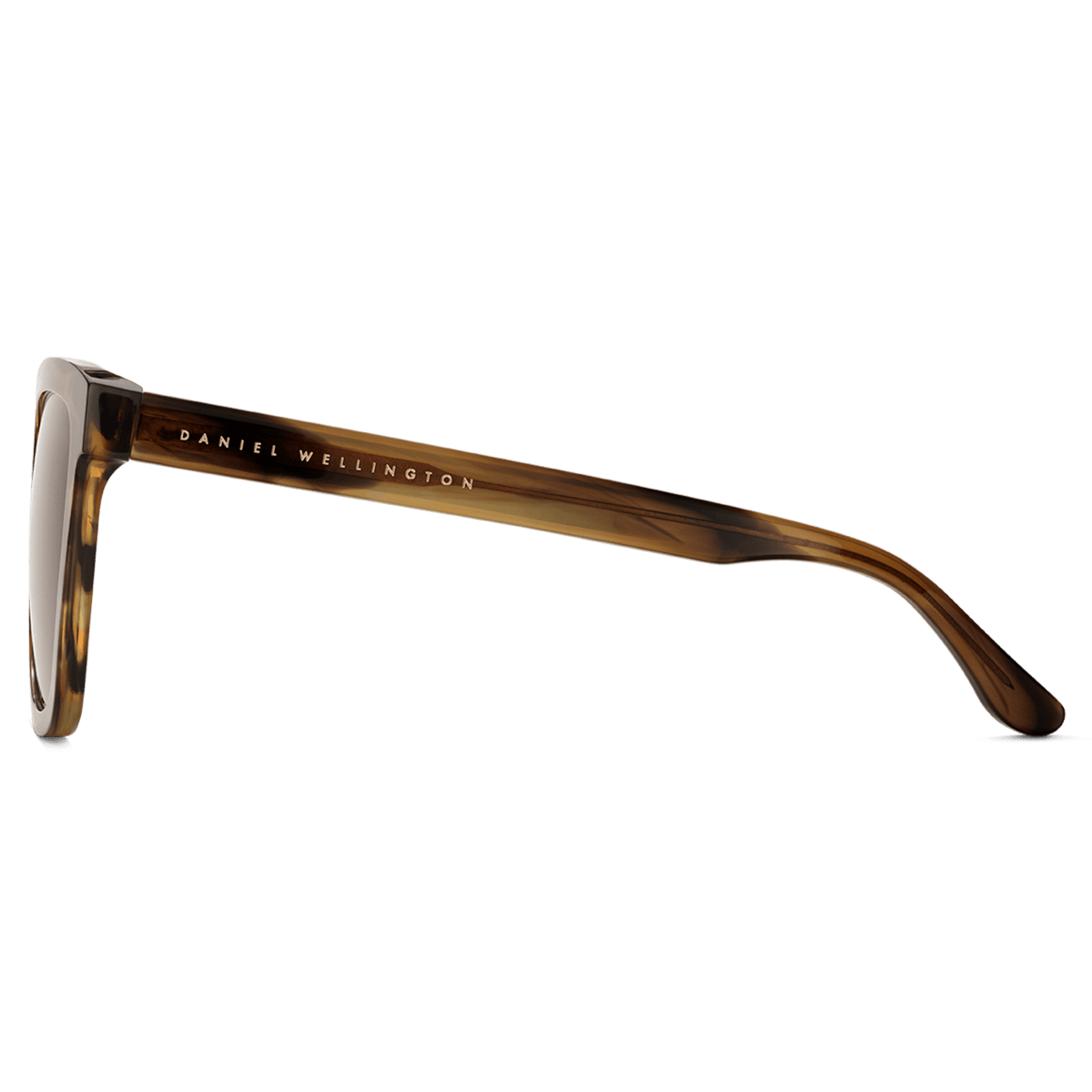 Grande Bio-Acetate Brown Demiのサングラスをサイドから見た様子です。テンプルの外側にはゴールドで刻印されたDaniel Wellingtonのブランドロゴが、また琥珀色の濃淡が美しいべっ甲柄のバイオアセテート素材のディテールが確認できます。