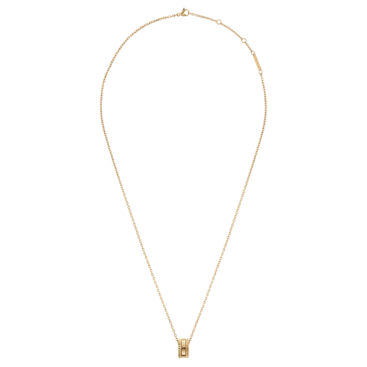 ダニエルウェリントン Elevation Necklace Goldの全体像。細身のゴールドケーブルチェーンに、テクスチャーを施したリングペンダントが下がり、チェーンの後部にはブランドプレートとアジャスターが付いています。