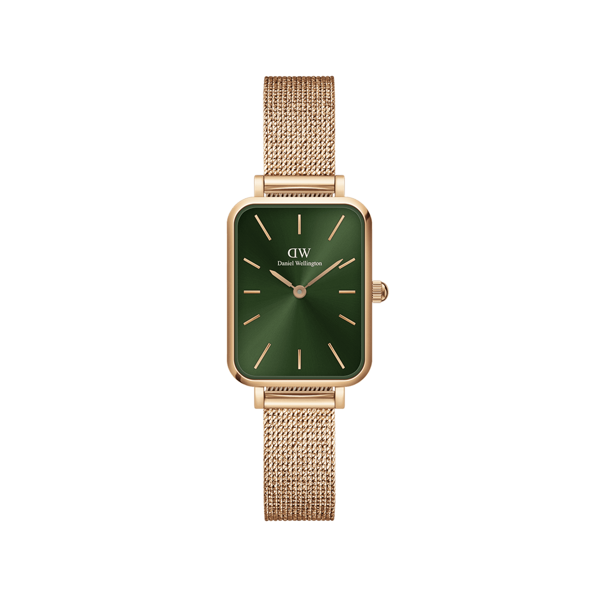 Daniel Wellington Quadro Pressed Melrose Emeraldの正面画像。エメラルドグリーンのサンレイ仕上げ文字盤にローズゴールドのバーインデックスが映え、角に丸みを帯びたレクタンギュラーケースとローズゴールドのプレスメッシュストラップが上品な印象を演出しています。