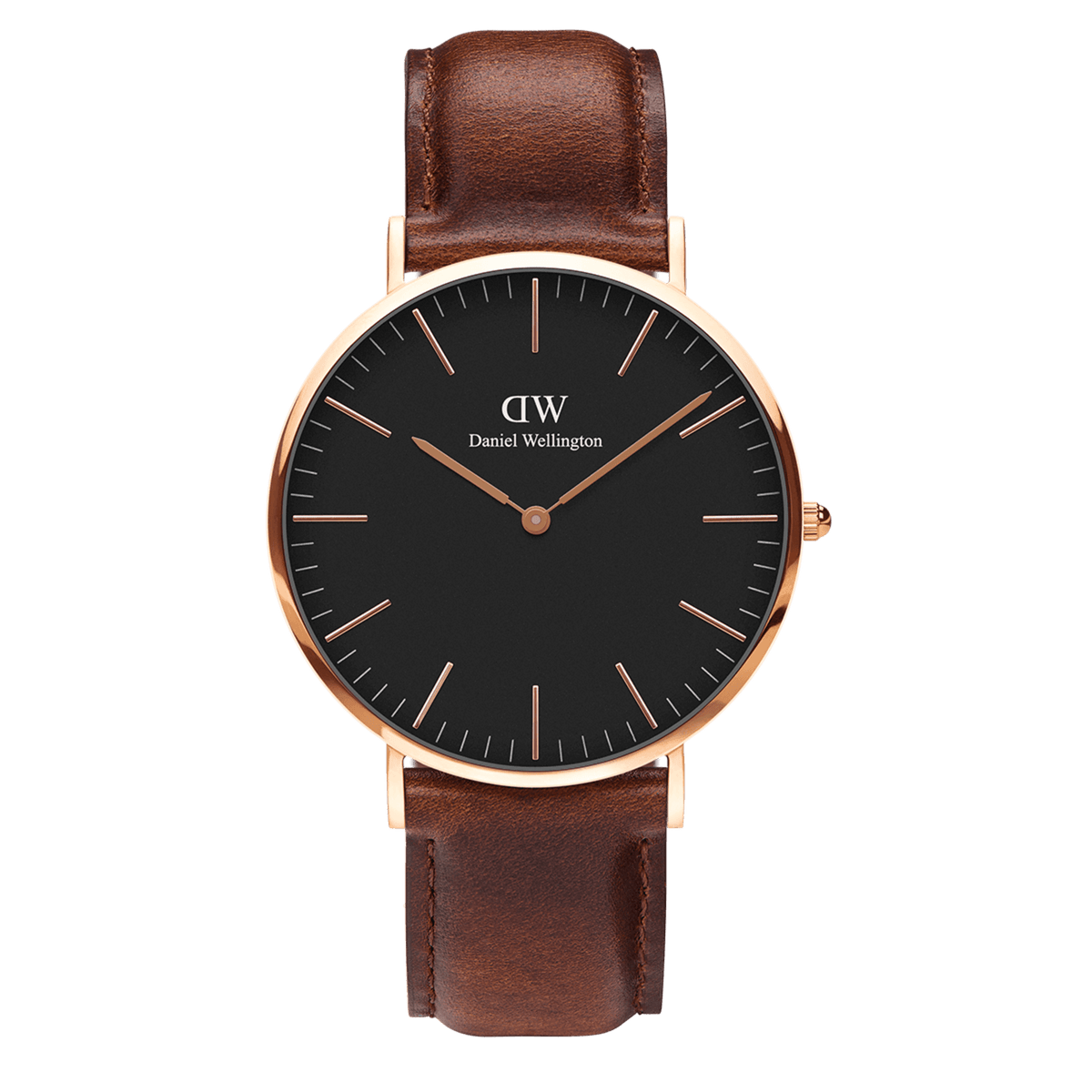 Daniel WellingtonのClassic St Mawes Black Rose Goldを白背景で撮影した全体像です。ブラックダイヤルとローズゴールドケースの組み合わせに、経年変化を感じさせるダークブラウンのレザーストラップが温かみのあるコントラストを演出しています。