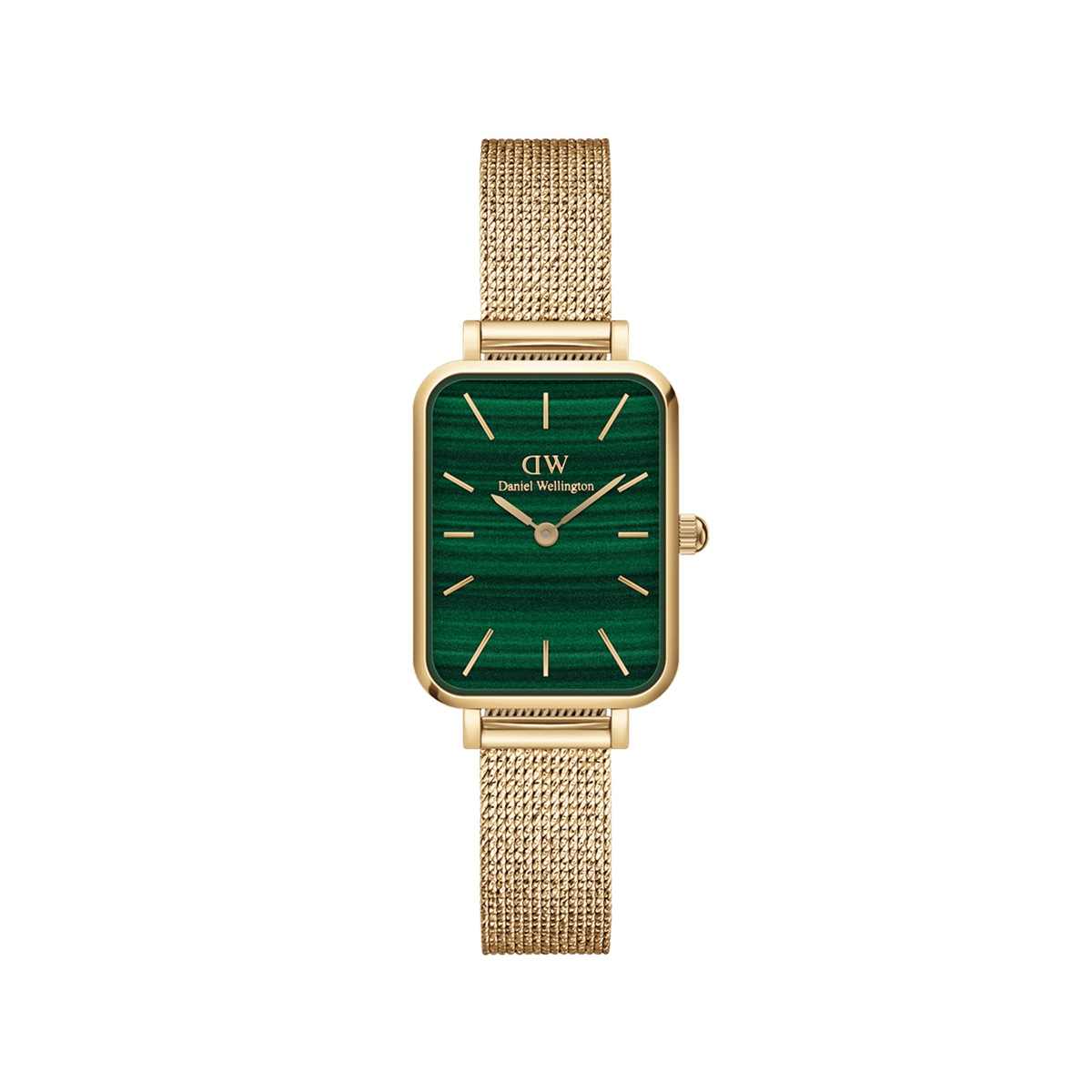 Daniel Wellington Quadro Pressed Evergold Green Goldの正面画像。マラカイトを思わせる深みのあるグリーンの文字盤に、ゴールドのバーインデックスが映えるレクタングルケース。ゴールドのプレスメッシュストラップを合わせた、女性向けの腕時計です。