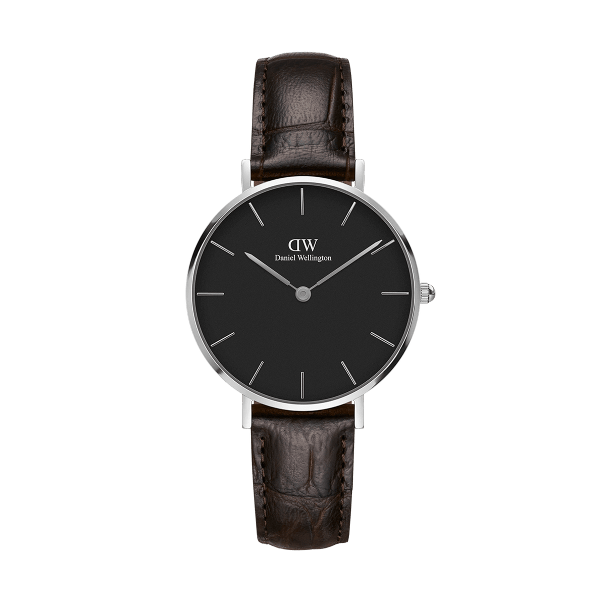 Daniel Wellington Petite Yorkの正面画像。ブラックの文字盤にシルバーのバーインデックスと針が映え、ダークブラウンのクロコダイルエンボスレザーストラップを合わせた32mmの女性用腕時計です。