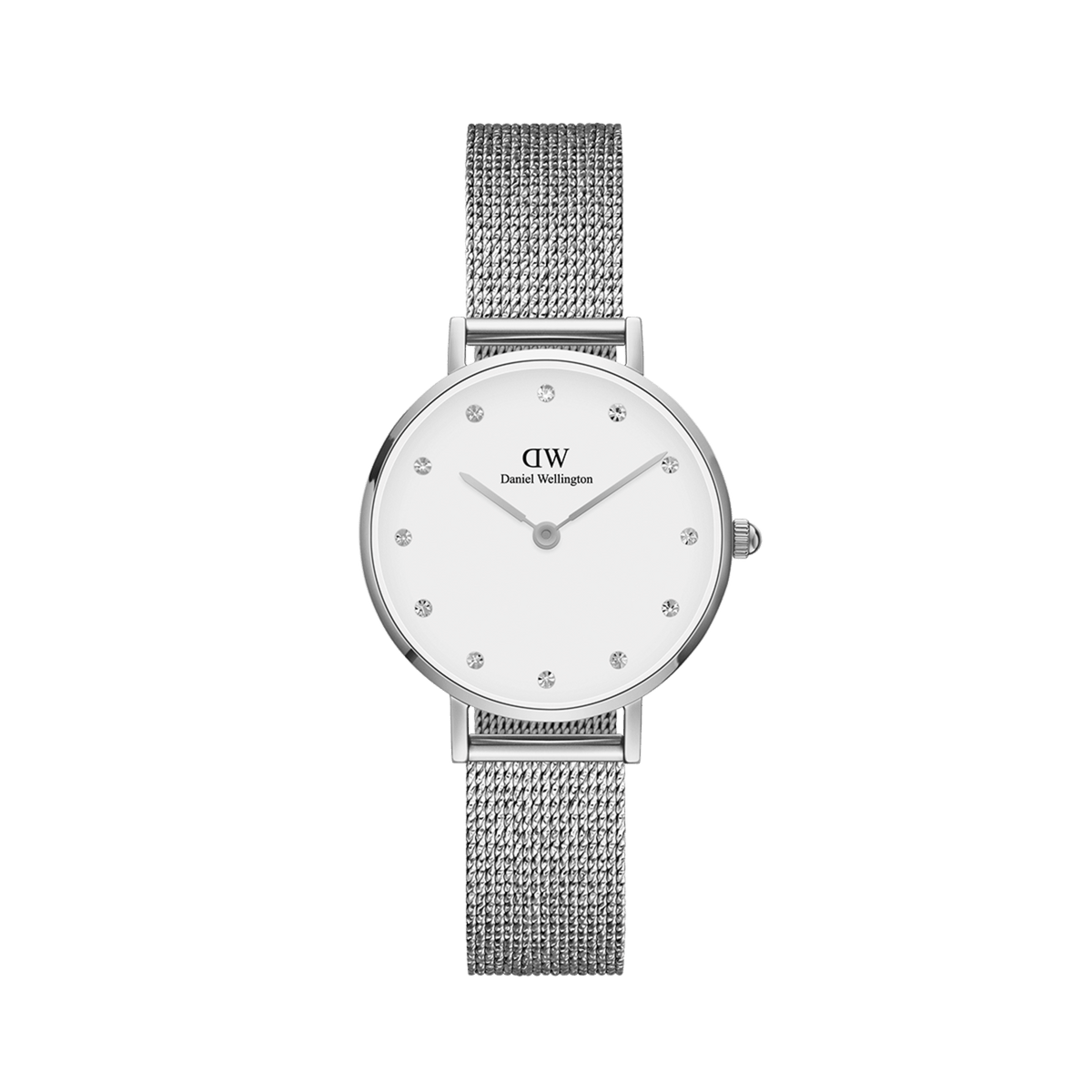 ダニエルウェリントン Petite Lumine Pressed Sterlingの全体像。オフホワイトの文字盤に12個のクリスタルインデックスをあしらったシルバーケースと、プレス加工のシルバーメッシュストラップが調和した女性向け腕時計です。
