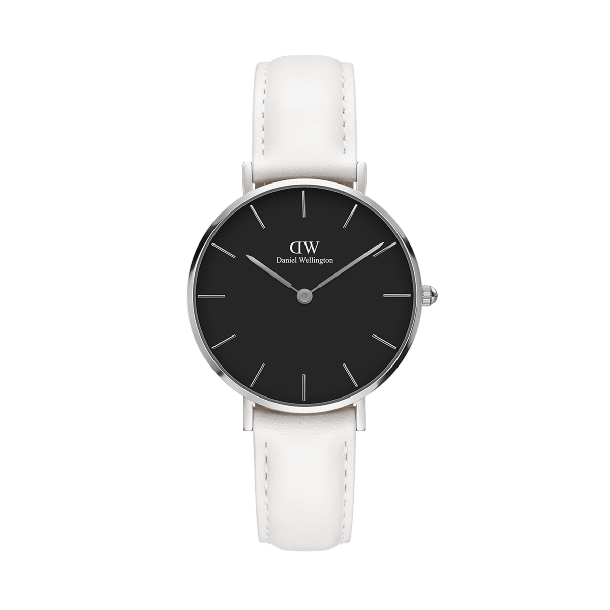 Daniel Wellington Petite Bondi Black Silverの正面画像。ブラックの文字盤にシルバーのバーインデックスと針を配した、32mmサイズの腕時計です。ホワイトレザーストラップとのコントラストが際立ち、上品な印象に仕上がっています。