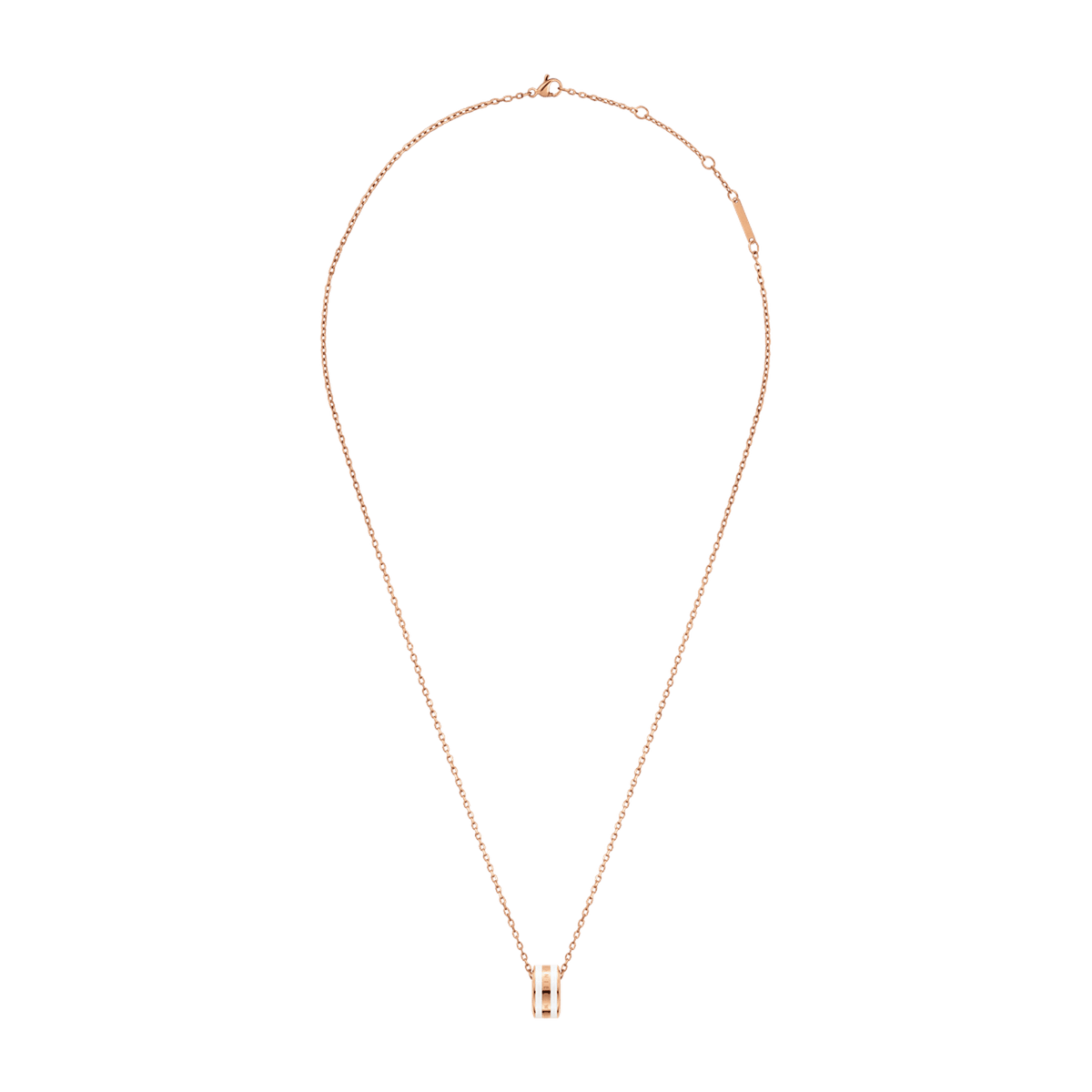 Emalie Necklace Rose Gold Satin Whiteの全体画像です。ローズゴールドの細いチェーンに、サテンホワイトエナメルのリングペンダントが下がっています。アジャスターチェーンとブランドプレートも確認できます。