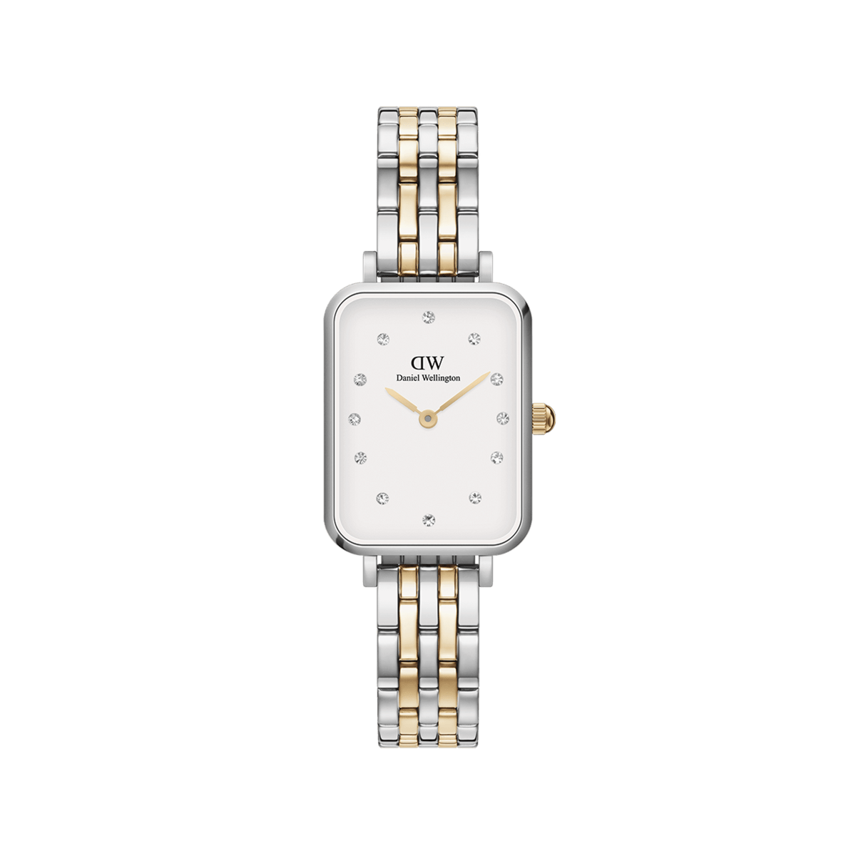 Daniel Wellington Quadro Lumine 5-Link Two-Toneのプロダクトショットです。シルバーとゴールドのコマが交互に並ぶ5連リンクブレスレットに、オフホワイトの文字盤とクリスタルインデックスが映えるレクタンギュラー型のレディースウォッチです。