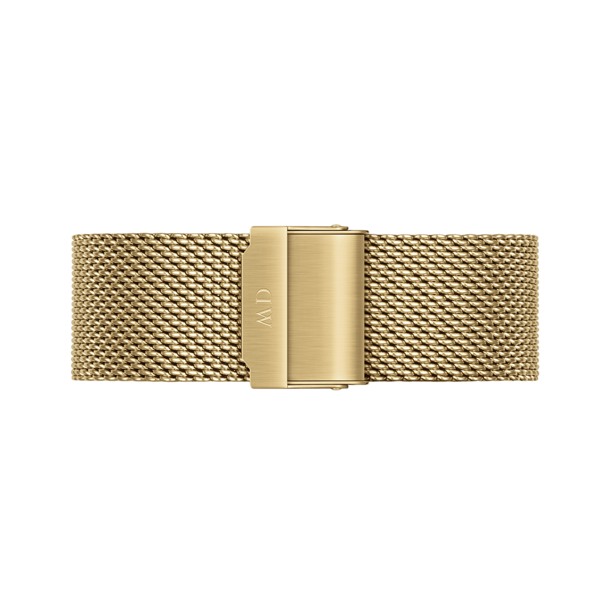 Classic Mesh Onyx Goldに使用されているゴールドメッシュストラップの裏側をクローズアップ。細かく編み込まれたステンレススチールの網目と、ブランドロゴが刻印されたクラスプのディテールがご覧いただけます。