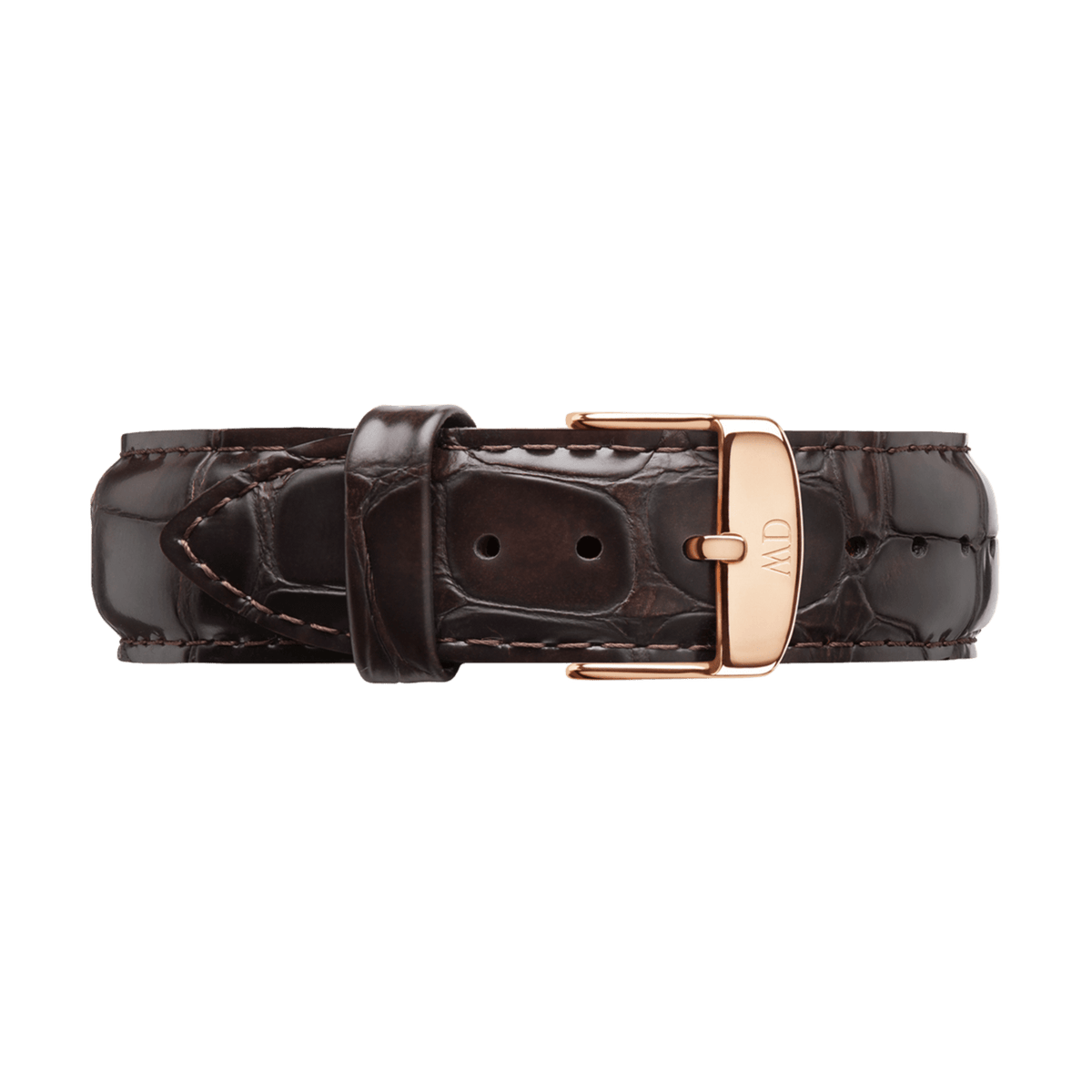 Classic York Rose Goldに付属のクロコダイル型押しダークブラウンカーフレザーストラップの画像です。革表面の型押しによる陰影や、ロゴが刻印されたローズゴールドのピンバックル、同色のステッチなど、細部のディテールがご確認いただけます。