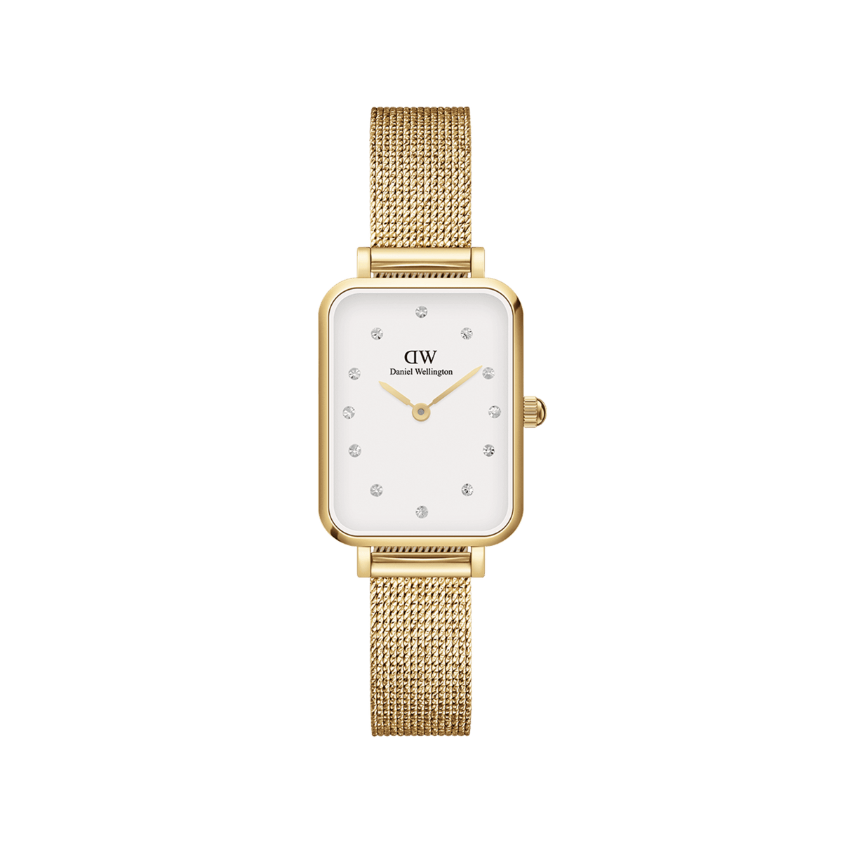 Daniel Wellington Quadro Lumine Pressed Evergoldの正面画像。ゴールドのレクタンギュラーケースにオフホワイトの文字盤を配し、12個のクリスタルインデックスで上品に彩られたレディース腕時計です。ゴールドメッシュストラップとの組み合わせで、エレガントな印象に仕上げています。