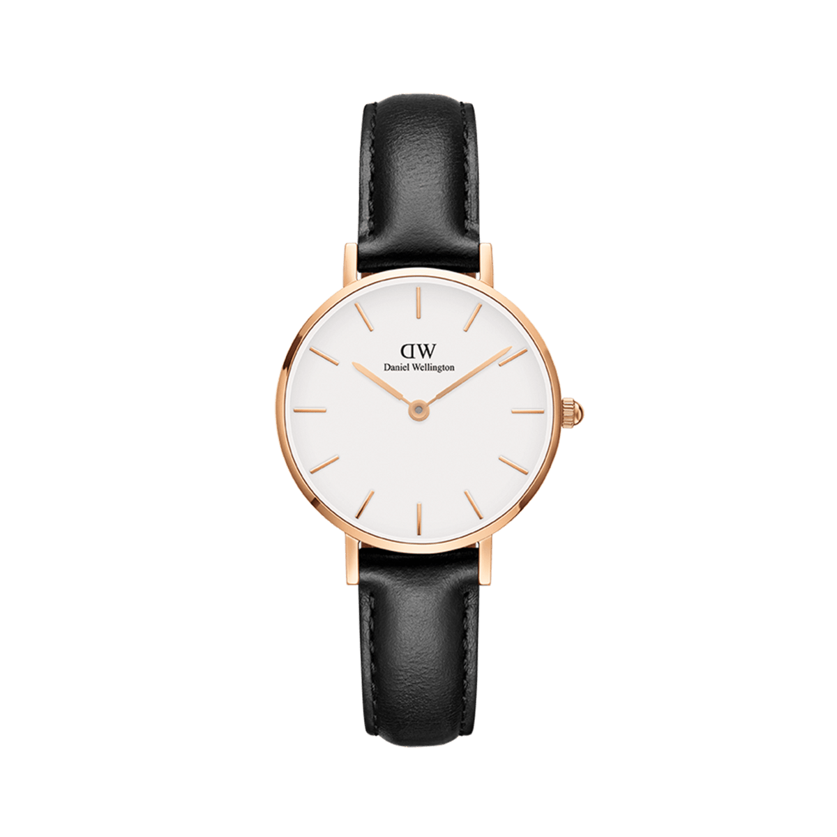 Daniel Wellington Petite Sheffieldの正面画像。ホワイト文字盤にローズゴールドのバーインデックスとケースを採用し、ブラックレザーストラップを組み合わせた女性向け腕時計です。