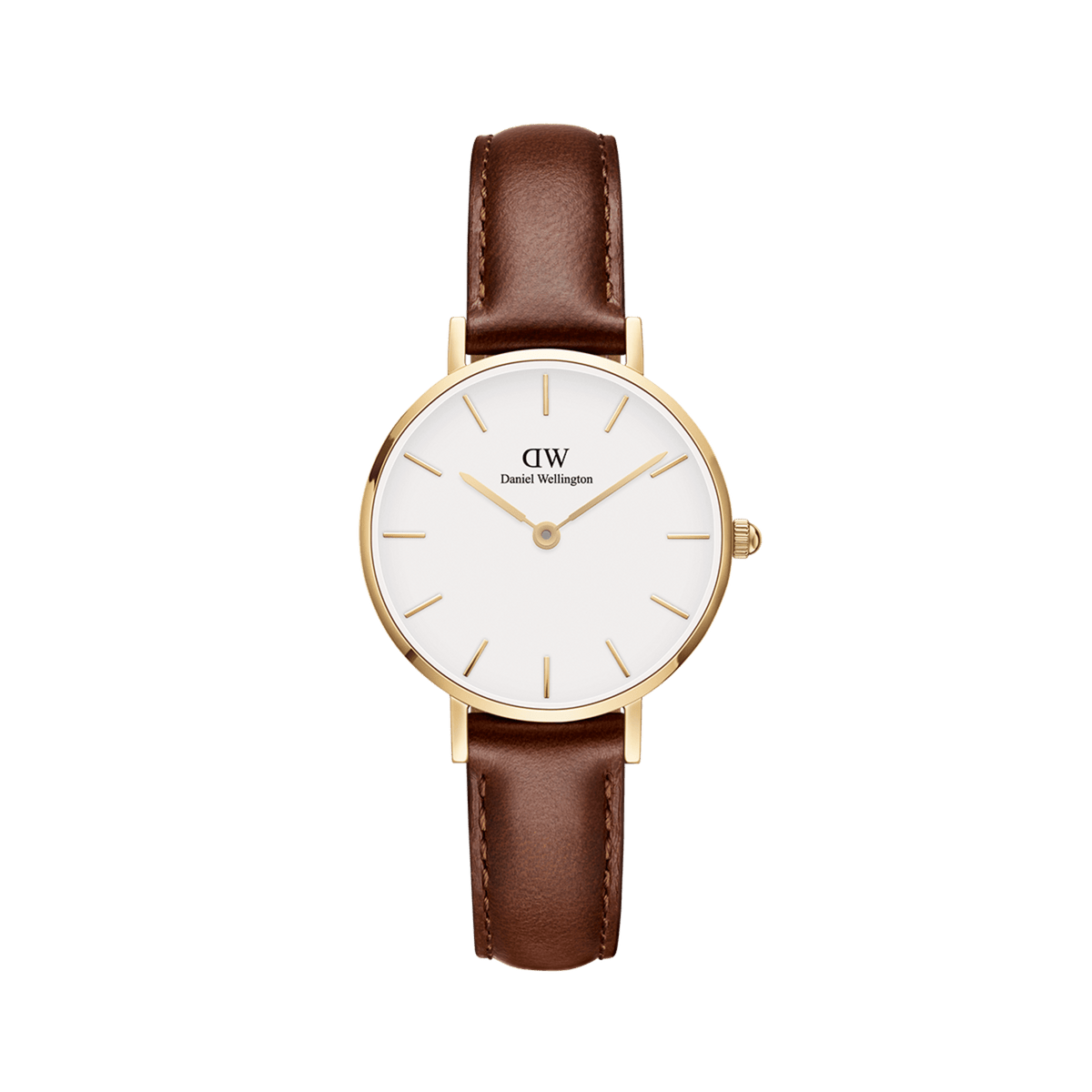 Daniel Wellington Petite St Mawesの正面画像。ゴールドケースにオフホワイトの文字盤、ゴールドのバーインデックスをあしらい、ブラウンレザーストラップを組み合わせた女性向け腕時計です。
