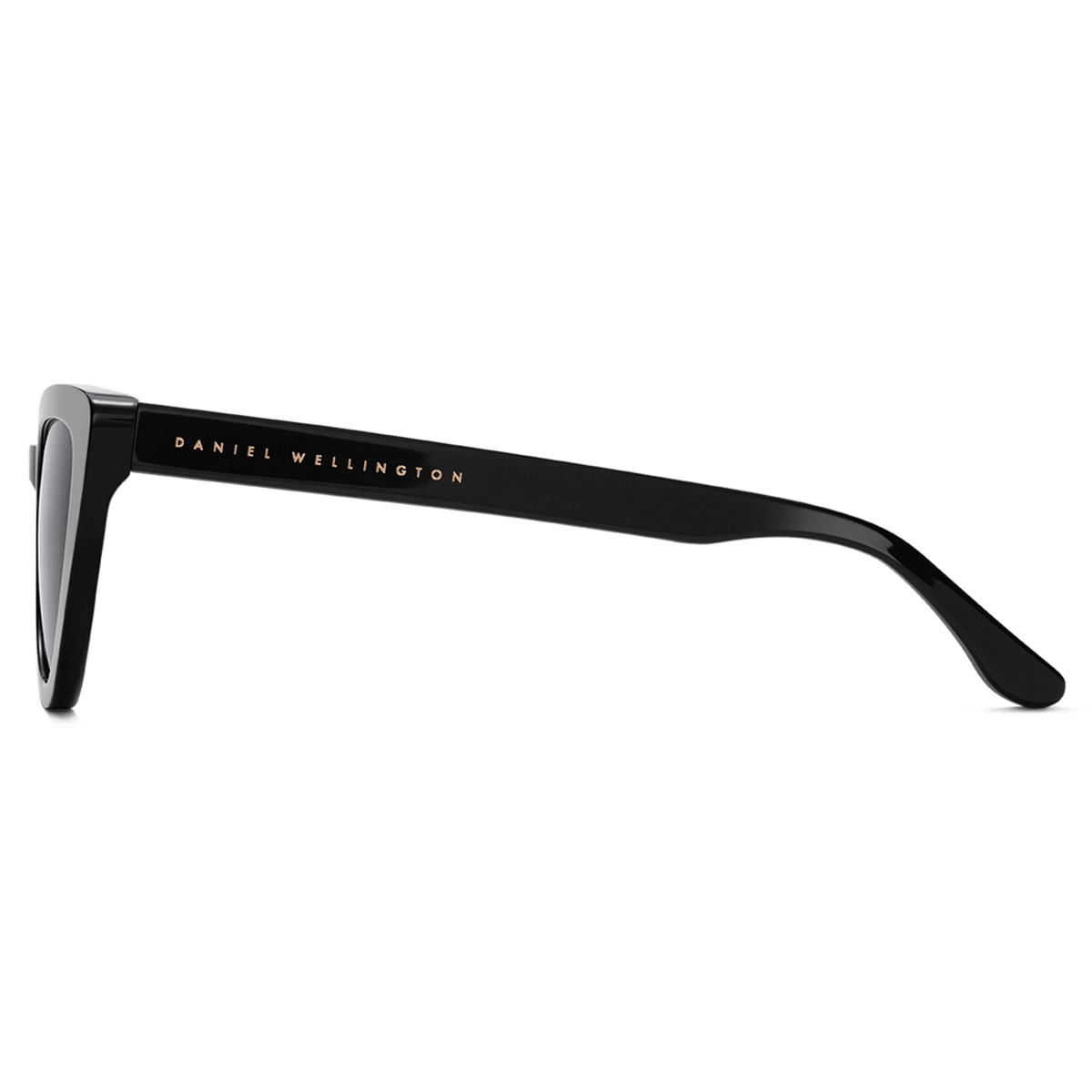 Lynx Bio-Acetate Blackの側面画像です。光沢のあるブラックのバイオアセテート製テンプルには、ゴールドで刻印されたDaniel Wellingtonのブランド名が映え、フレームの流麗なラインが際立ちます。