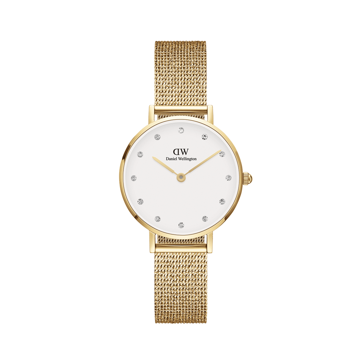 Daniel Wellington Petite Lumine Pressed Evergoldは、ホワイトダイヤルに12粒のクリスタルインデックスをあしらったゴールドケースとプレスゴールドメッシュストラップの女性向け腕時計です。