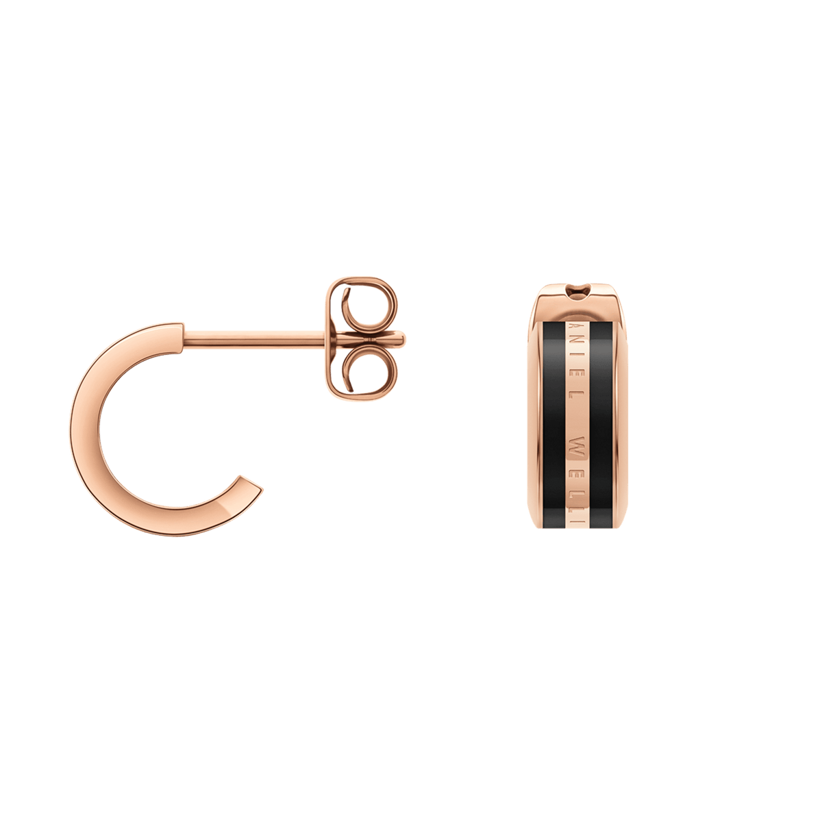 Emalie Earrings Rose Gold Blackの商品画像。白背景に正面と背面を並べています。背面からはローズゴールドのCカーブを描くフープとバタフライキャッチが、正面からはブラックエナメルの2本ラインとDaniel Wellingtonの刻印が確認できます。