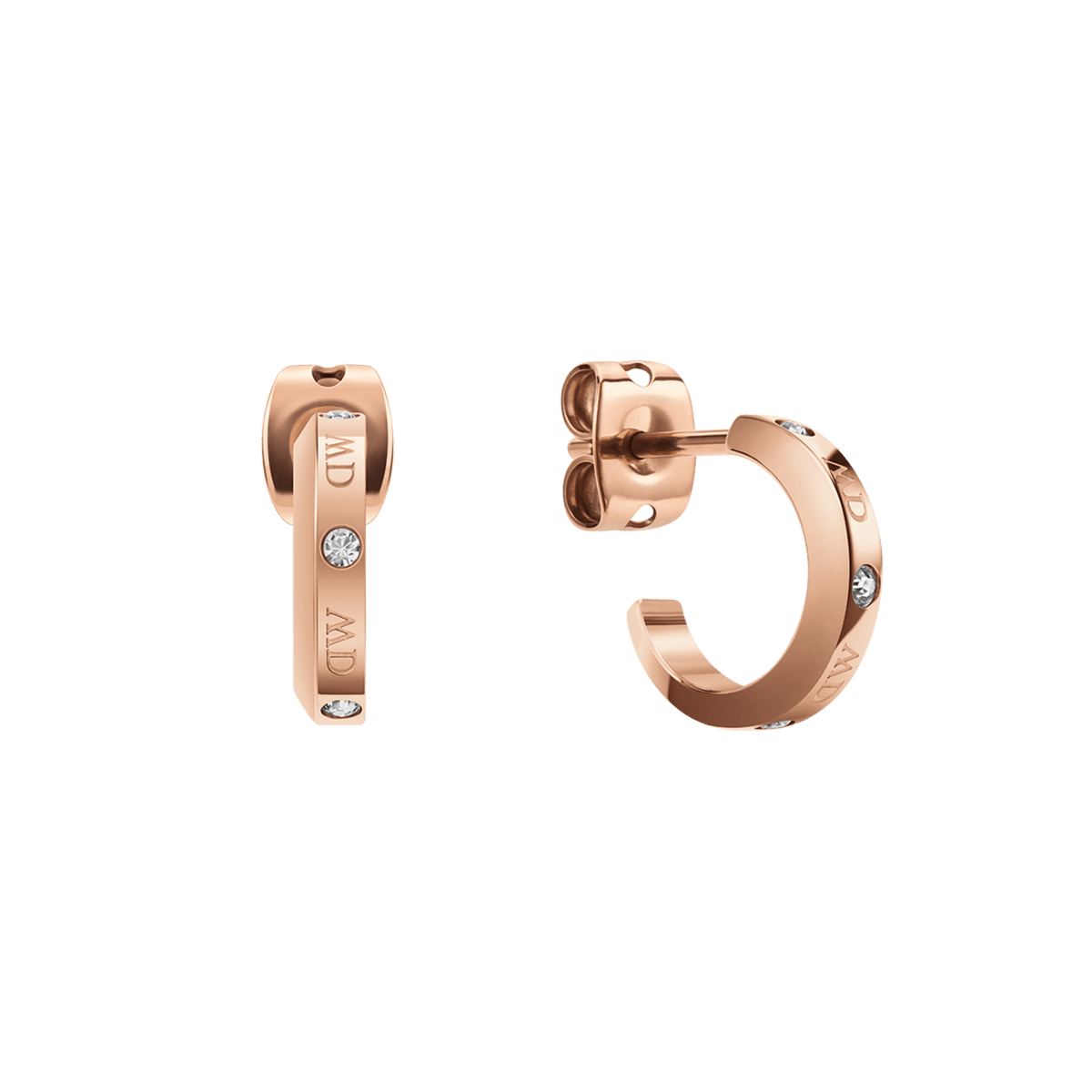 Daniel Wellington Classic Lumine ローズゴールドのフープピアス。クリスタルとロゴエッチングをあしらった、13mmの小ぶりなフープを正面と側面から捉えた製品画像です。