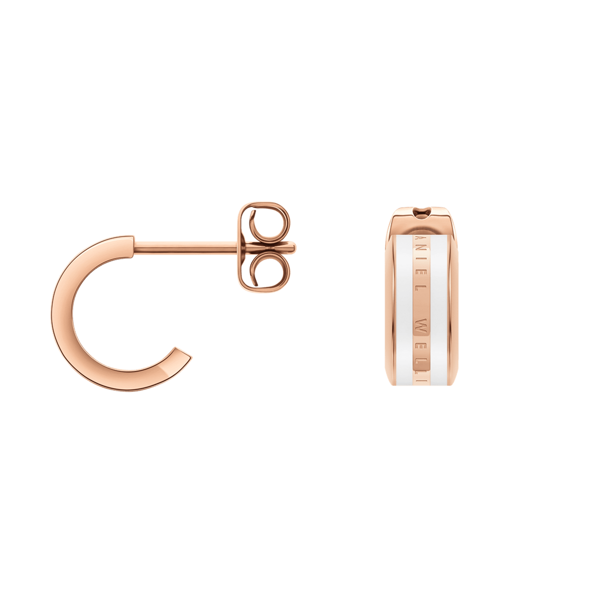 Emalie Earrings Rose Gold Satin Whiteの背面と正面を並べた商品画像です。左側はC型フープの横顔で、バタフライキャッチとポストが確認できます。右側はサテンホワイトのエナメルラインとDaniel Wellingtonの刻印が見える正面アングルです。