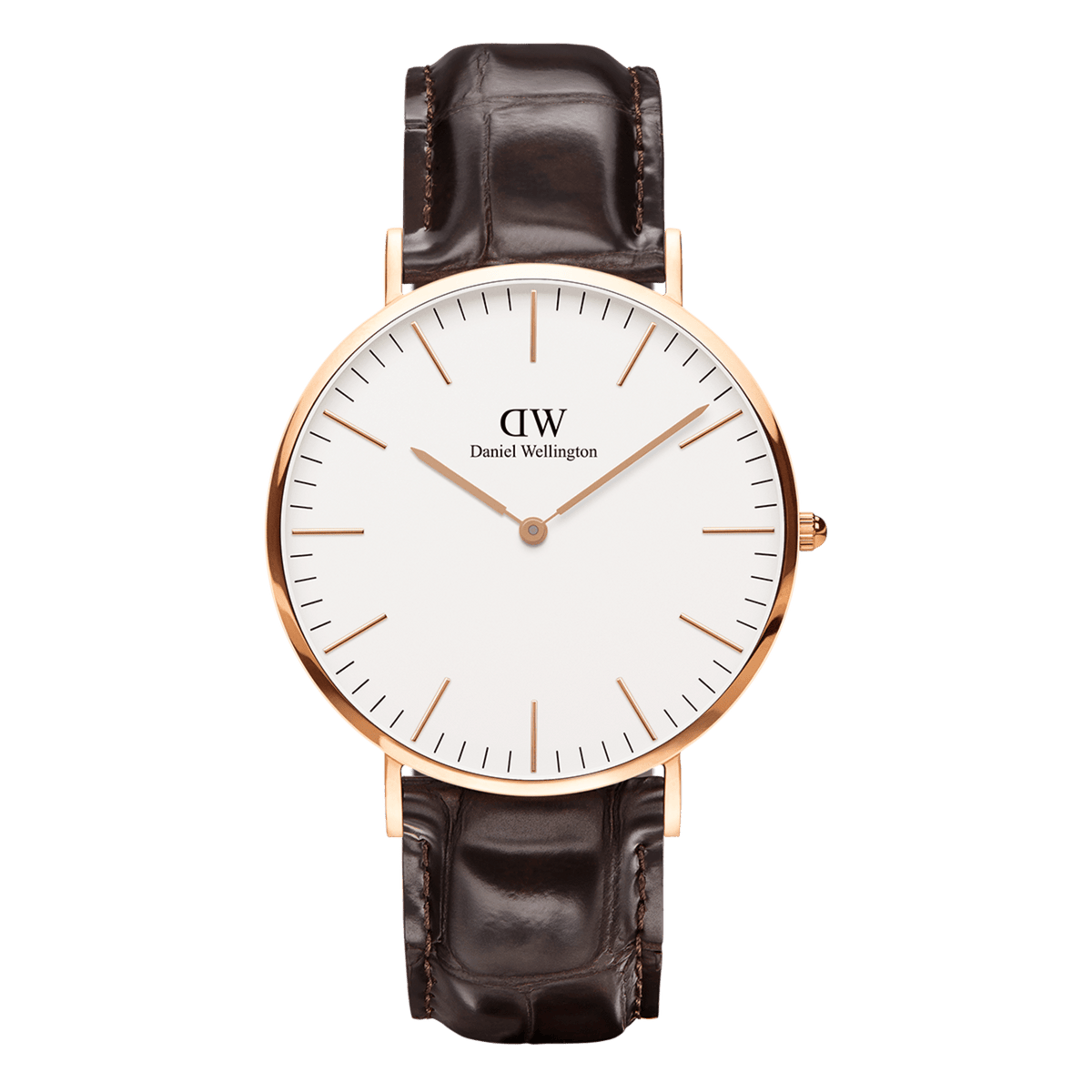 Daniel Wellington Classic York Rose Goldの正面画像。オフホワイトの文字盤にローズゴールドのバーインデックスと針をあしらった薄型ラウンドケースに、クロコダイル型押しのダークブラウンレザーストラップを組み合わせた40mmサイズの腕時計です。