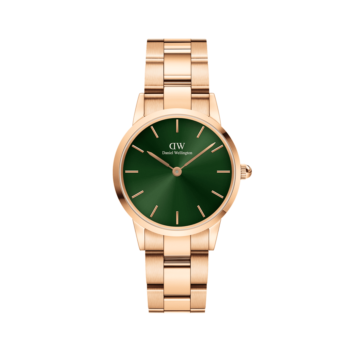 ダニエルウェリントン Iconic Link Emerald Green Rose Goldを白背景で撮影した全体像。ローズゴールドのリンクブレスレットがケースから自然に絞られ、深みのあるエメラルドグリーンのサンレイダイヤルとの美しい色彩の調和を際立たせています。