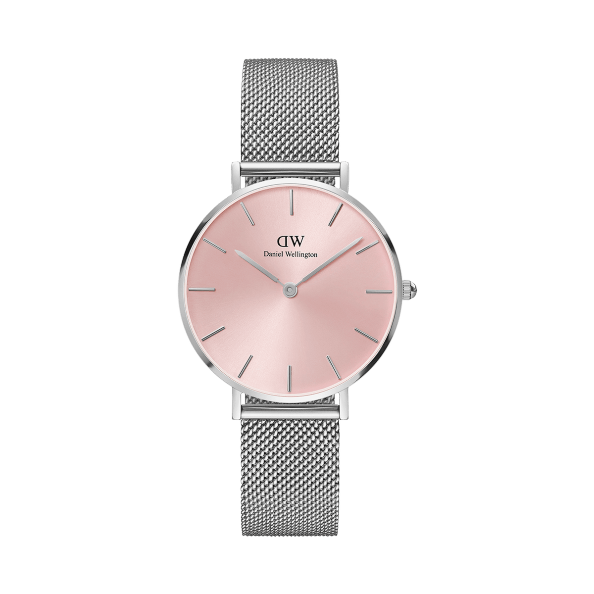 白背景で撮影したPetite Sterling Light Pinkの全体像です。ライトピンクのサンレイ文字盤が光を受けて柔らかに輝き、シルバーのメッシュストラップが自然な広がりを見せています。ケースとベルトのバランスもよくわかるレイアウトです。