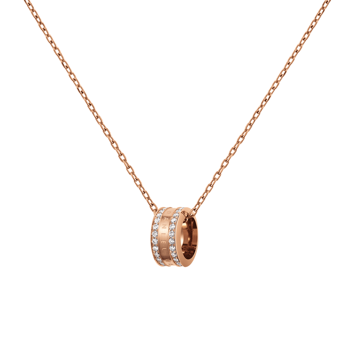 Daniel WellingtonのElan Lumine Necklace ローズゴールドモデルです。上下2列にクリスタルをあしらったリング型ペンダントが、細身のケーブルチェーンに通されています。中央のバンド部分にはブランドロゴが刻印されています。