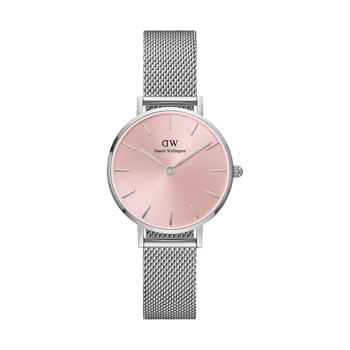Daniel Wellington Petite Sterling Light Pinkの正面画像。ライトピンクのサンレイ文字盤にシルバーのバーインデックスと針を配し、シルバーメッシュストラップを合わせた女性向け腕時計です。