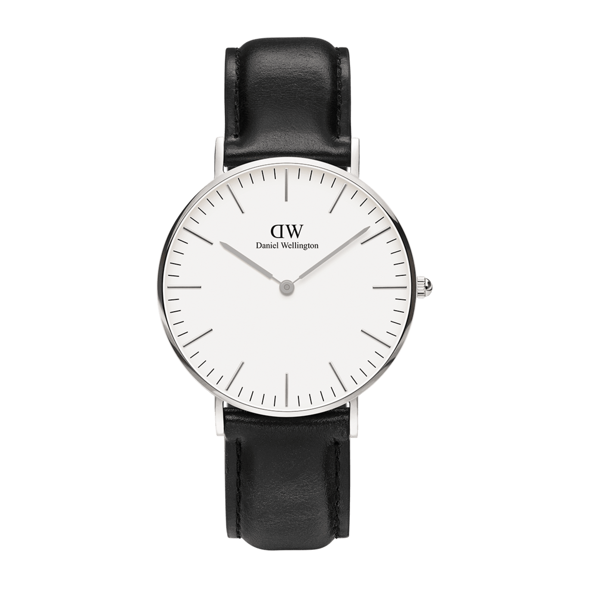 Daniel Wellington Classic Sheffieldの正面画像です。オフホワイトの文字盤にシルバーのバーインデックスと針が映え、ブラックレザーストラップとのコントラストがミニマルな美しさを際立たせています。