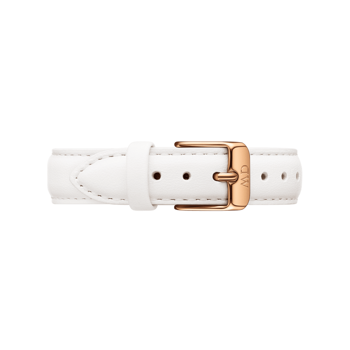 Petite Bondi Rose Goldに付属のホワイトレザーストラップのバックル部分です。しなやかな白革にローズゴールドのピンバックルを組み合わせ、丁寧なステッチと清潔感のある仕上がりに仕上げています。
