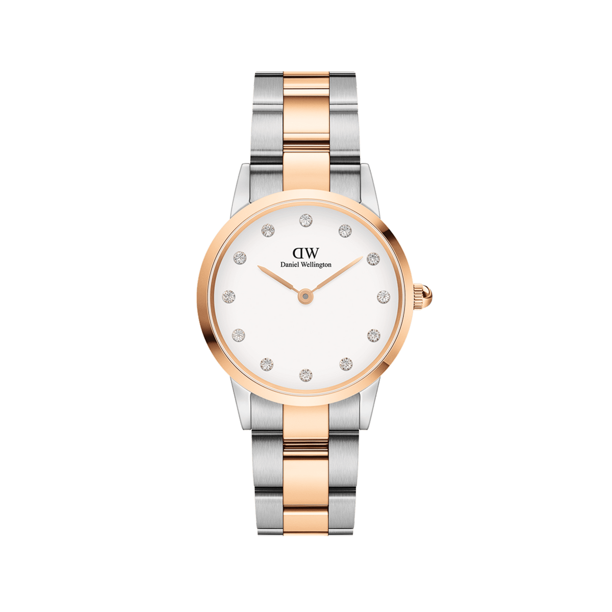 ローズゴールドのアイコニックリンク「Lumine Rose Gold」を白背景で正面から捉えた全体画像です。エッグシェルホワイトの文字盤にクリスタルインデックスとローズゴールドの針が映え、サテン仕上げのシルバーリンクとポリッシュ仕上げのローズゴールドリンクが交互に並ぶツートーンブレスレットの全体像がご覧いただけます。