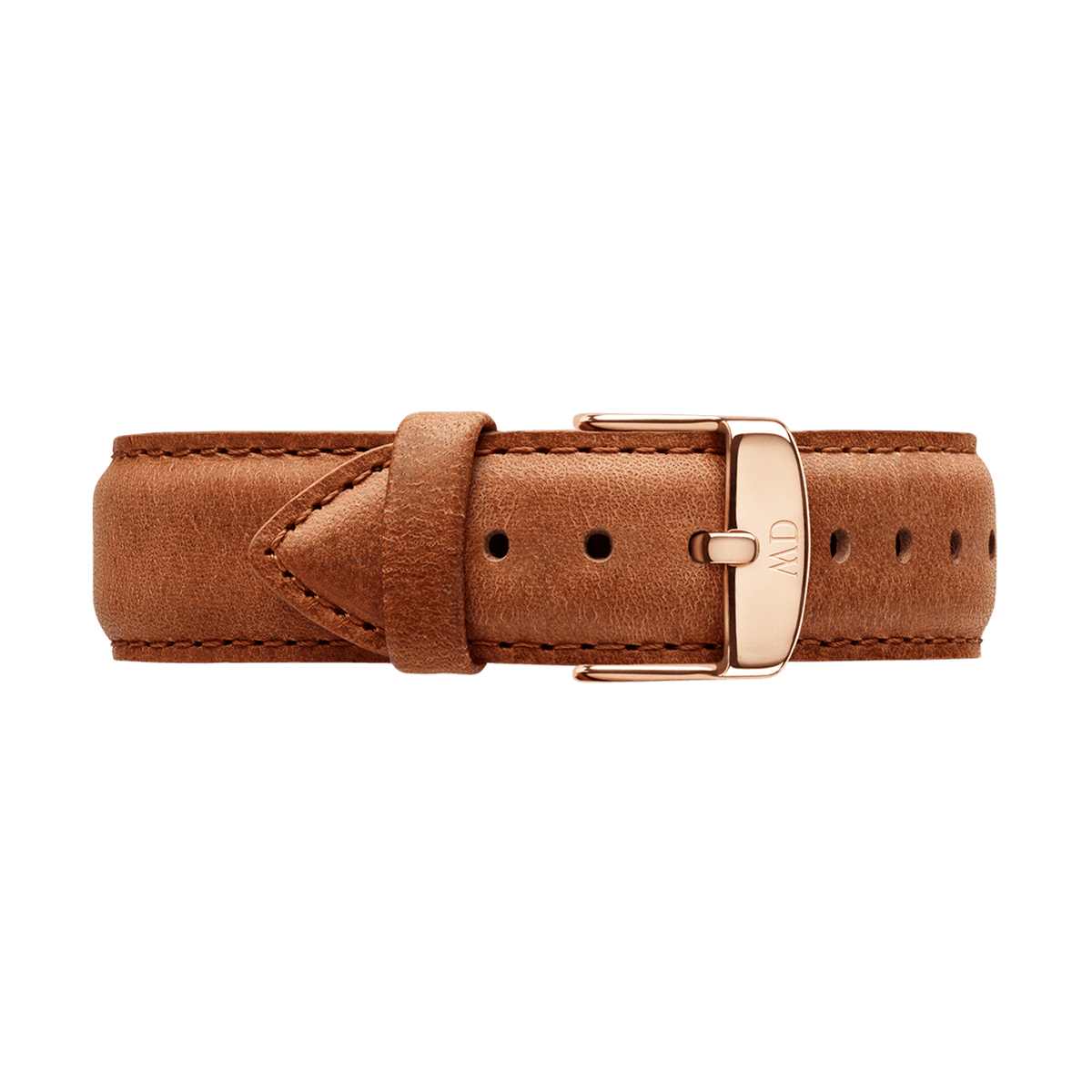 Classic Durham Rose Goldに付属のライトブラウンレザーストラップです。自然な革の風合いとステッチが特徴で、ローズゴールドのピンバックルにはDaniel Wellingtonの刻印が入っています。