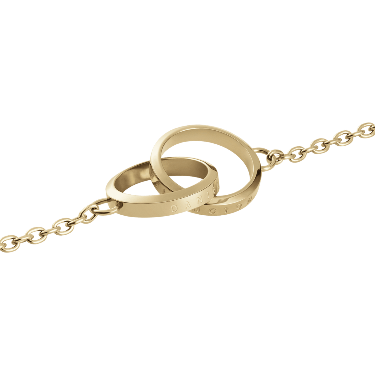 Elan Unity Braceletのインターロッキングモチーフ部分を拡大したディテール画像です。ゴールドPVDコーティングを施した2つのリングが重なり合い、内側にはDaniel Wellingtonの文字が刻印されています。