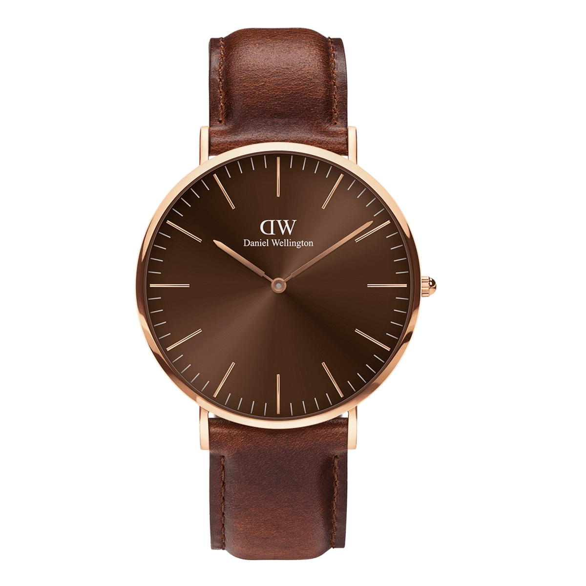 Daniel Wellington Classic St Mawes Amberの正面画像です。アンバーブラウンのサンレイ仕上げ文字盤に、ローズゴールドのバーインデックスと針が映え、ダークブラウンのレザーストラップが温かみのあるトーンでまとめられています。
