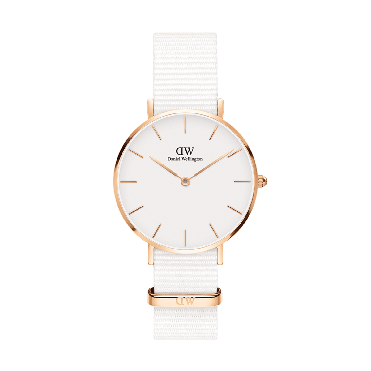 Daniel Wellington Petite Dover Rose Goldの正面画像。ホワイトの文字盤にローズゴールドのバーインデックスと針が映え、ホワイトのNATOストラップとローズゴールドのバックルがアクセントとなった女性向け腕時計です。
