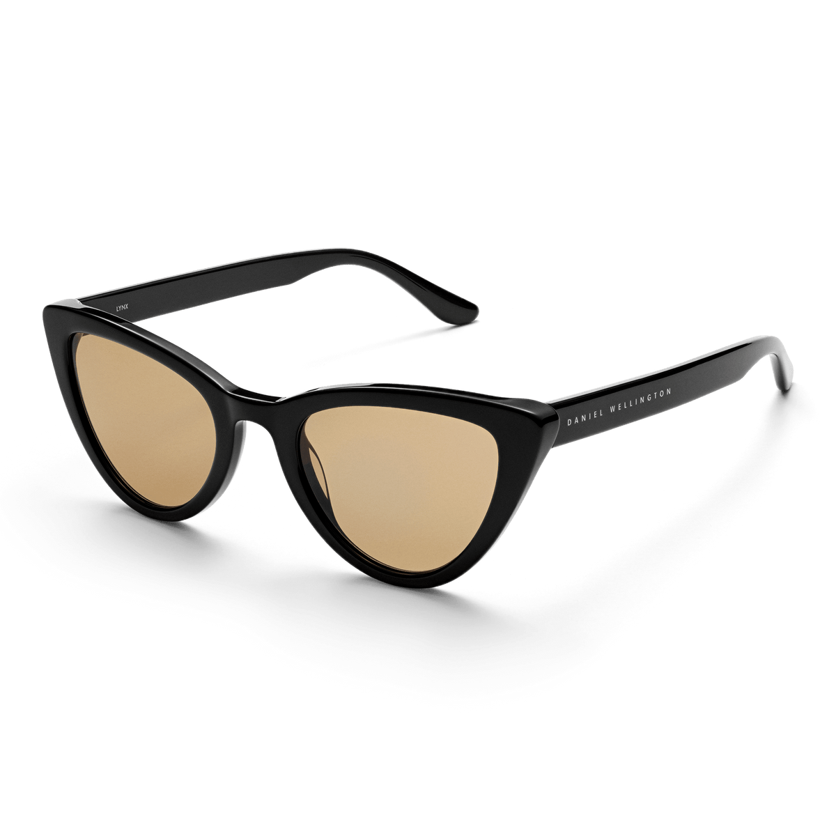 Lynx Bio-Acetateサングラスを斜め上から撮影した画像です。ブラックのバイオアセテートフレームとイエローレンズの組み合わせが特徴で、テンプル部分にはDaniel Wellingtonのロゴが刻印されています。
