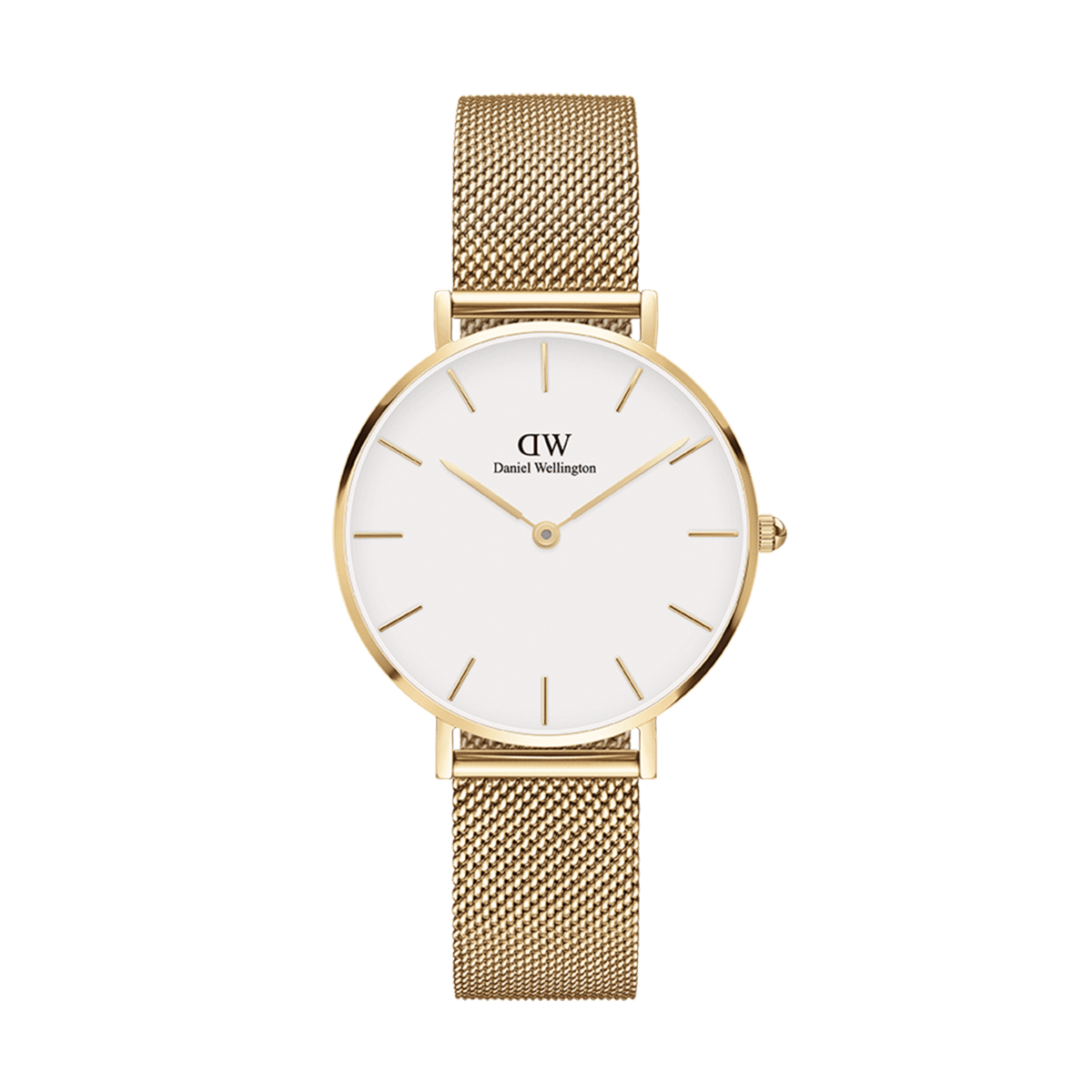 Daniel Wellington Petite Evergoldの正面画像です。ホワイト文字盤にゴールドのバーインデックスと針をあしらったミニマルなデザインで、ゴールドメッシュストラップが上品な光沢を放っています。