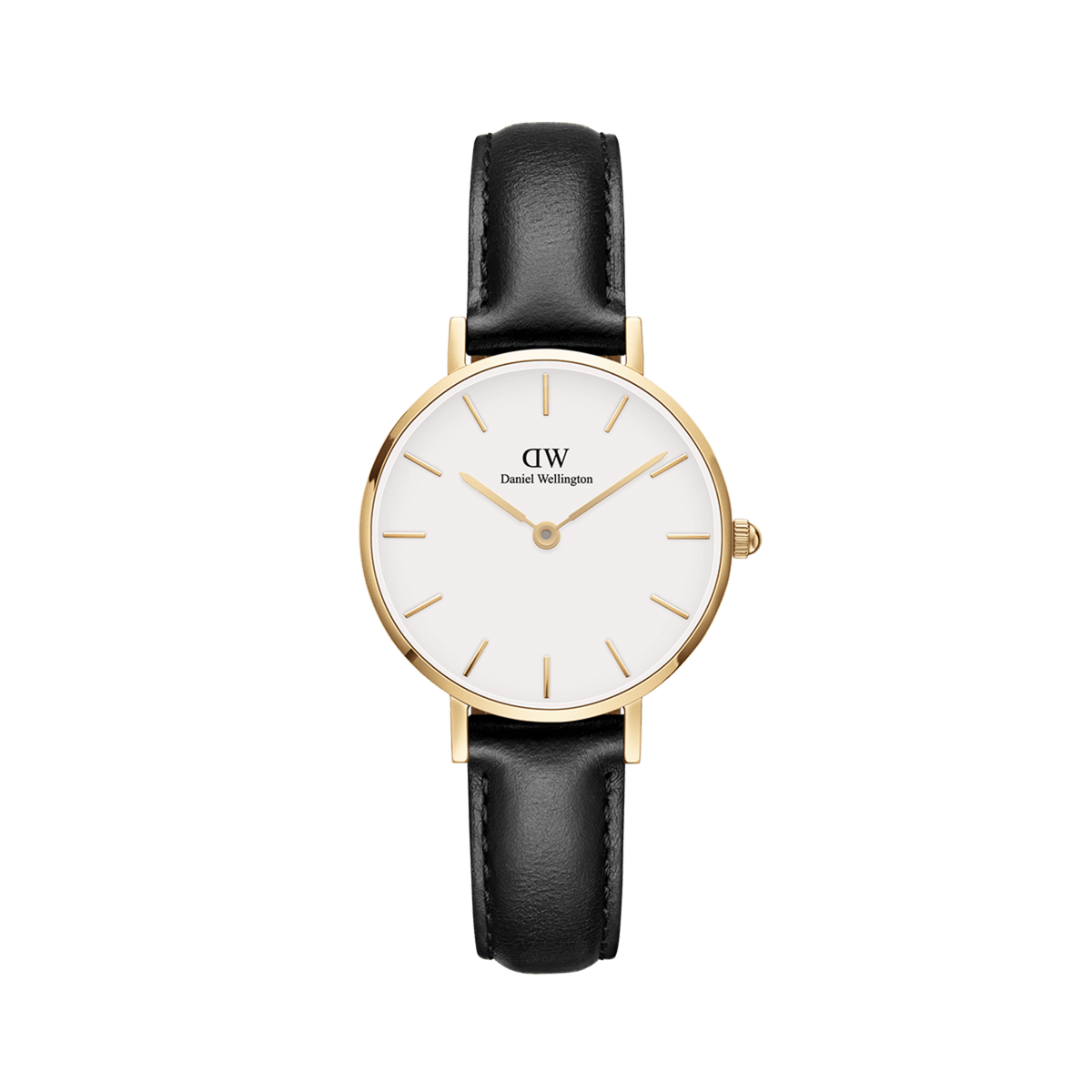 Daniel Wellington Petite Sheffieldのフロントビュー。ゴールドケースにホワイト文字盤、ゴールドのバーインデックスをあしらい、ブラックレザーストラップを組み合わせた女性向け腕時計です。