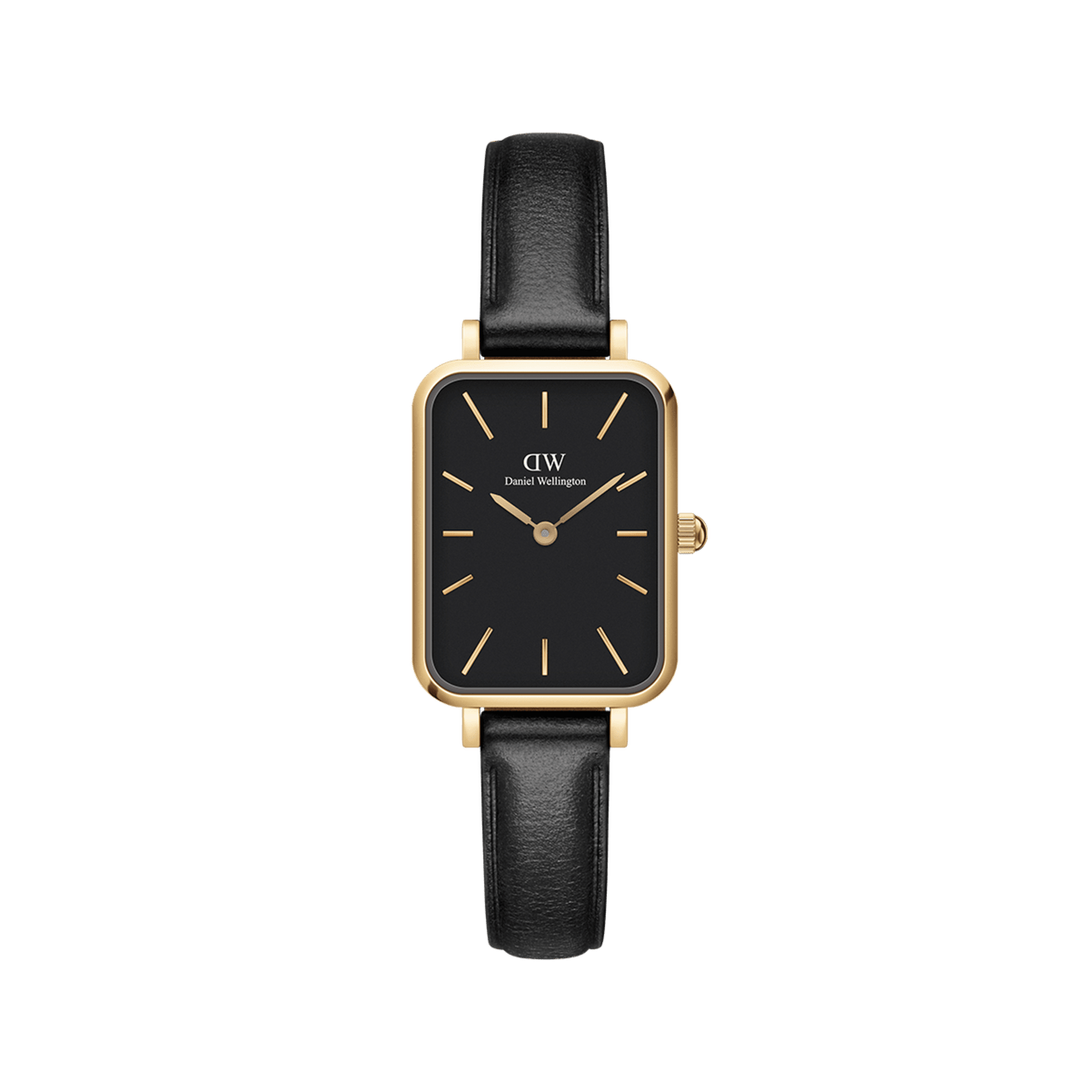 Daniel Wellington Quadro Pressed Sheffieldの正面画像。ゴールドのレクタンギュラーケースにブラックダイヤルとゴールドのバーインデックスを配し、ブラックレザーストラップを合わせたスクエアフェイスの腕時計です。
