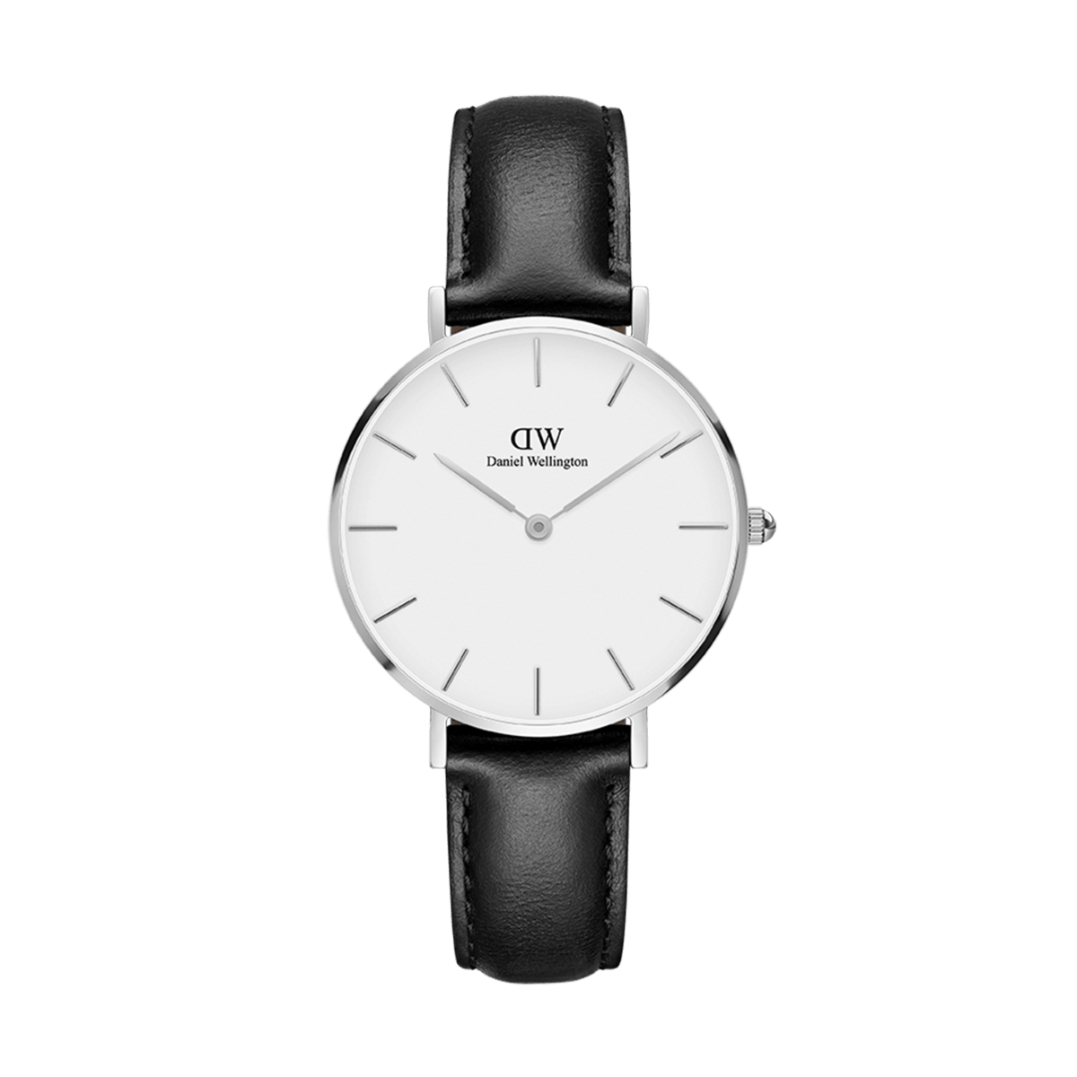 Daniel Wellington Petite Sheffieldの正面画像。シルバーケースにオフホワイトの文字盤とシルバーのバーインデックスを配し、ブラックレザーストラップを組み合わせたミニマルなデザインのレディース腕時計です。